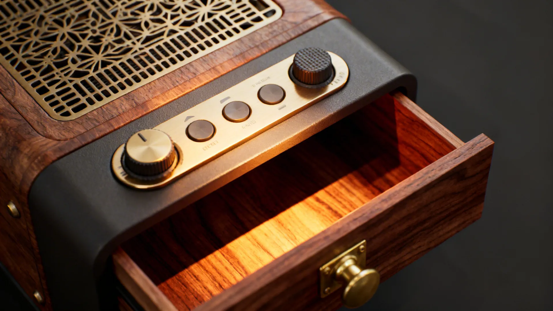 Close-up of zoned lighting, ventilation grille, and built-in drawer detail in a compact apartment.