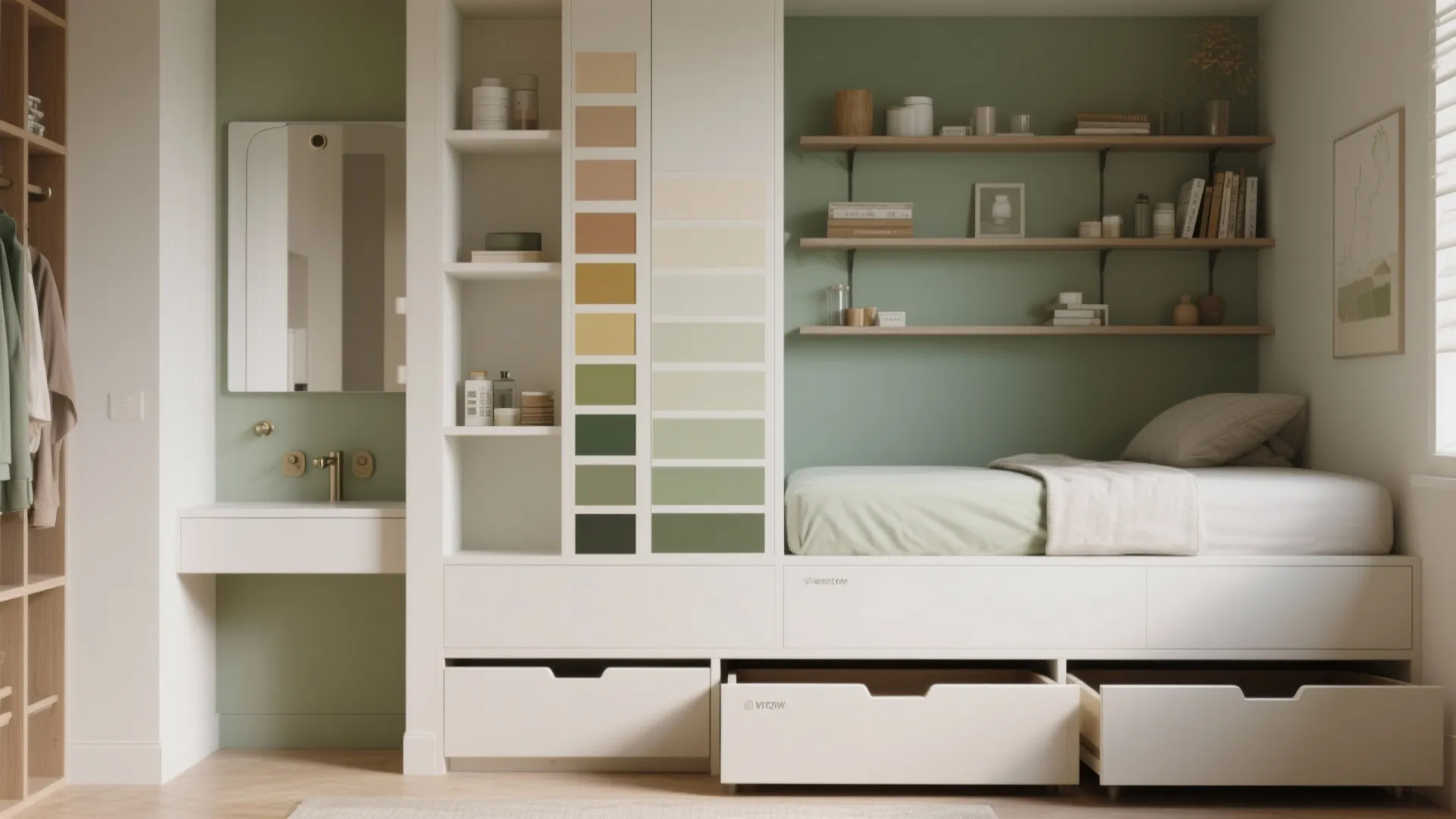 Small bedroom design with built in bed white storage drawers green wall and color paint samples