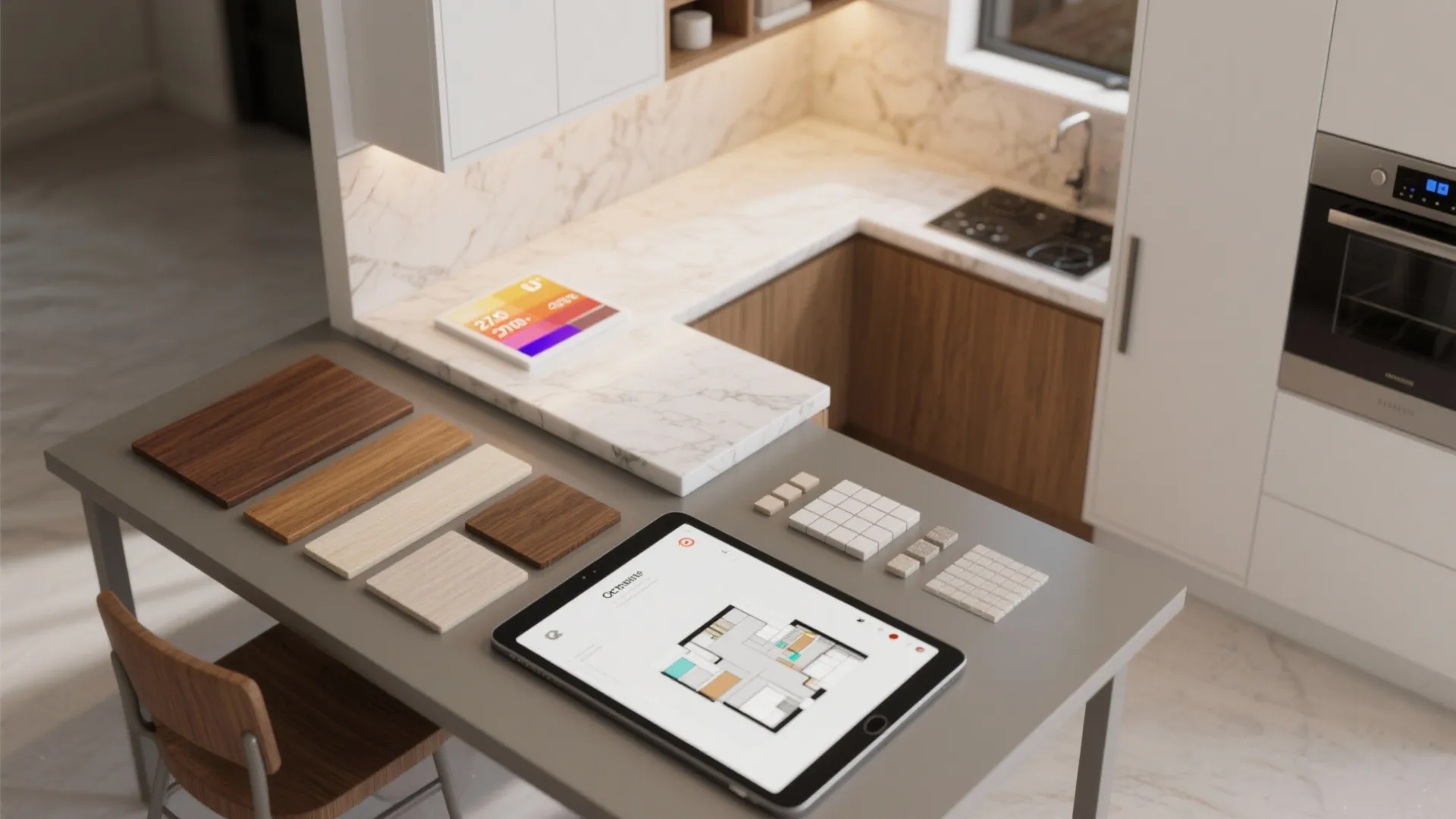 Top-down flatlay of walnut and white material samples, grout and countertop swatches next to a 3D planner tablet