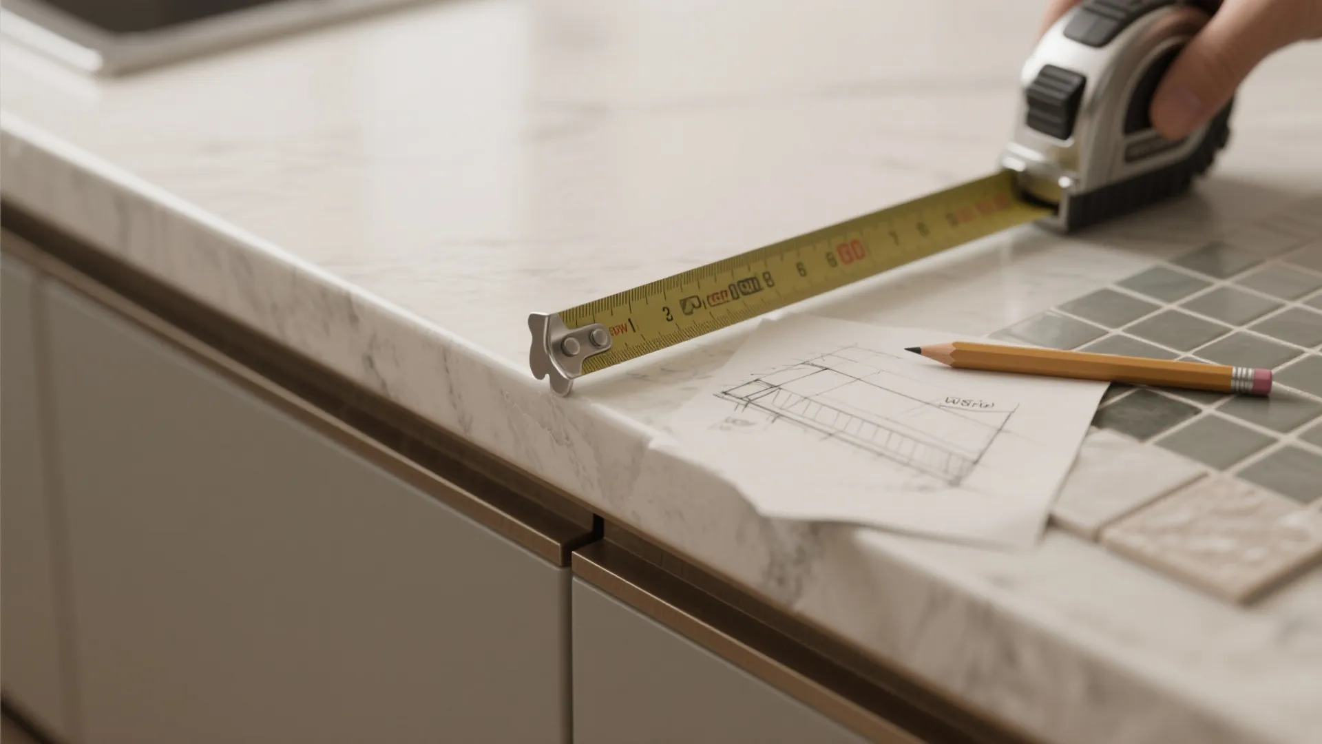 Yellow measuring tape on marble countertop with a pencil and an interior design drawing paper