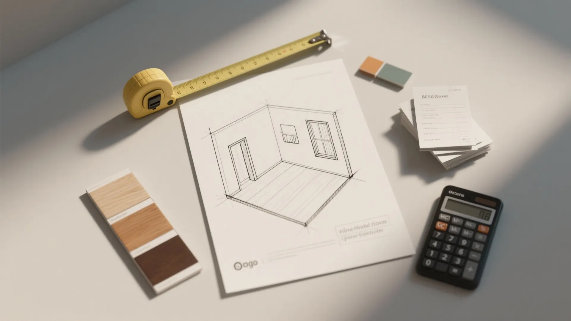 Interior design drawing on white paper with measuring tape wood samples calculator and small cards