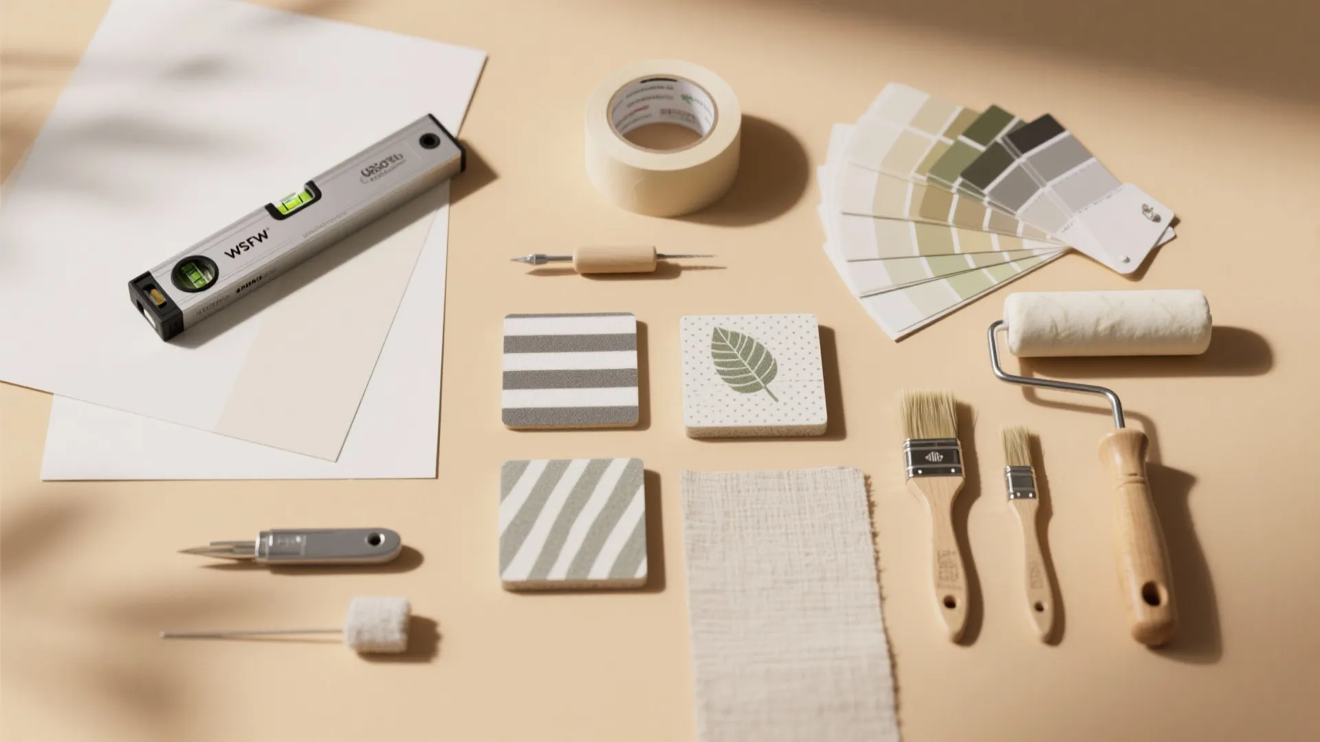 Interior design tools including paint brushes color samples level tape and small square tiles wallpaper