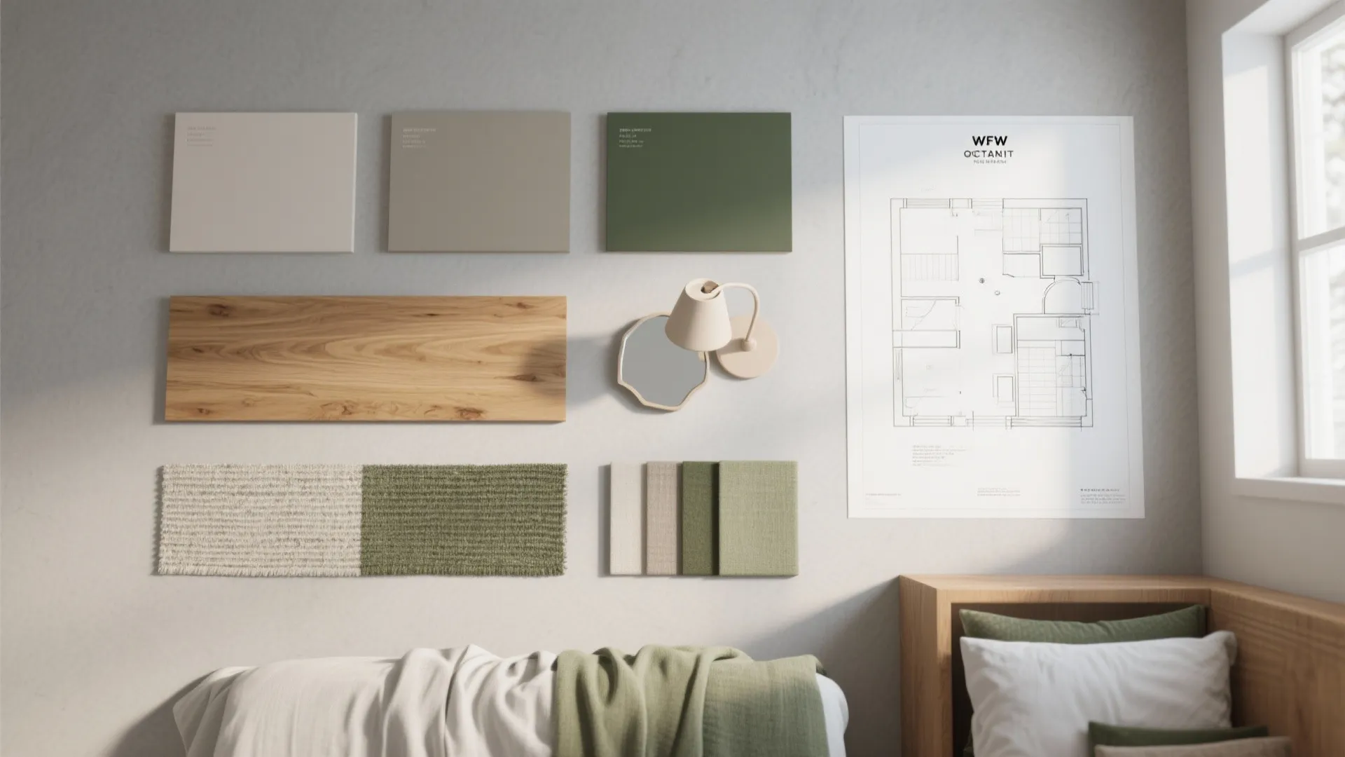 Top-down material flatlay with color swatches, wood sample, rug and fabric chips plus a mini floor plan for small bedroom design.