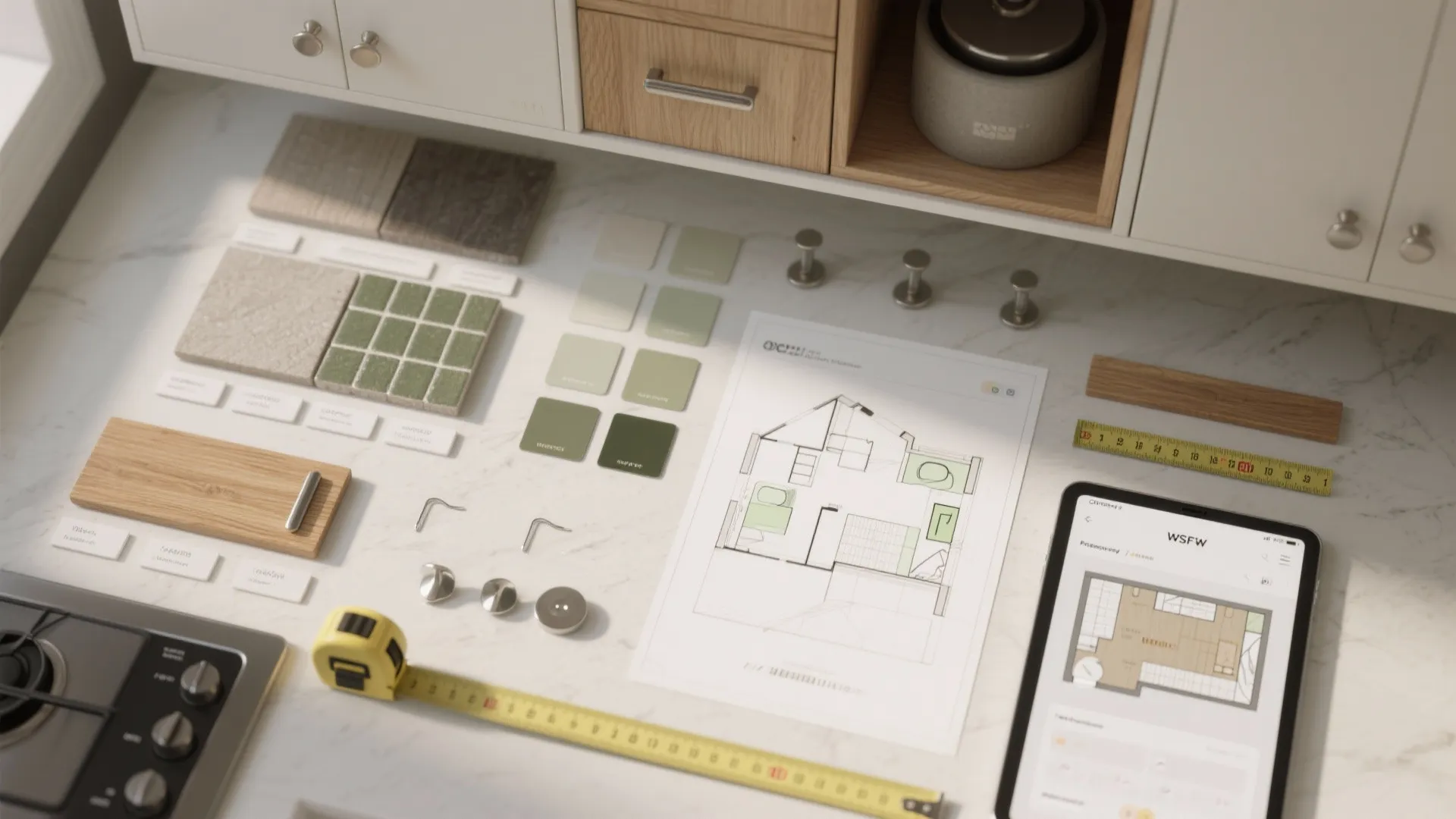Interior design mood board on kitchen counter with floor plan, color samples, and measuring tape