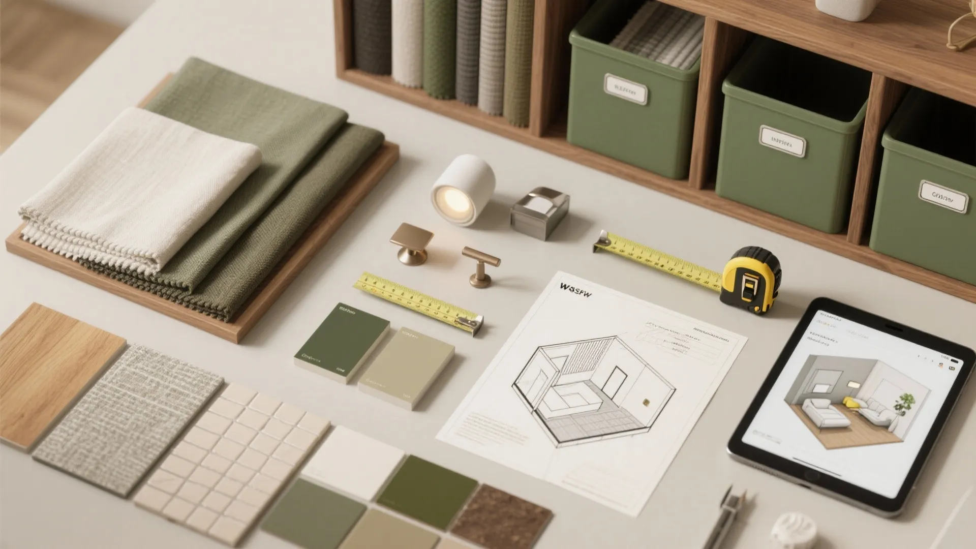 Interior design flatlay with fabric swatches color samples paper drawing and tablet showing 3D room