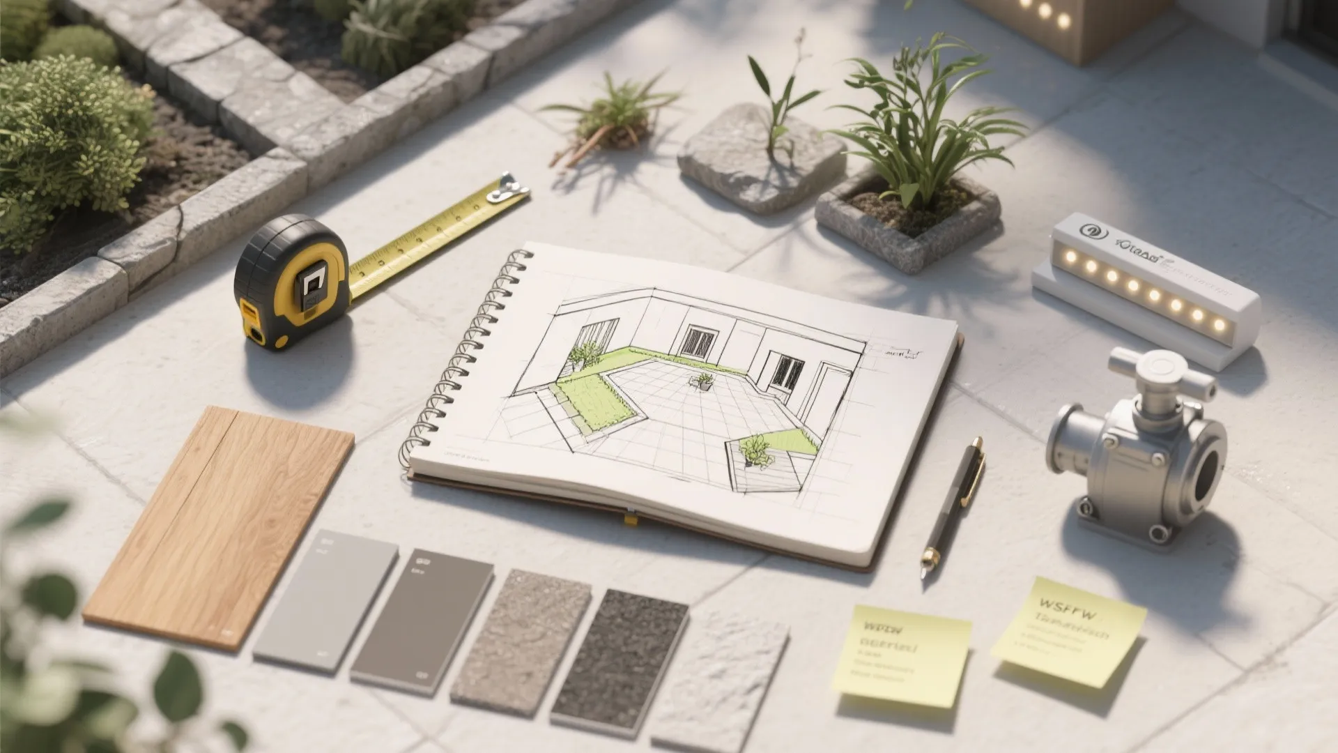 Garden design flatlay with sketch notebook measuring tape wood samples stone tiles and small potted plants
