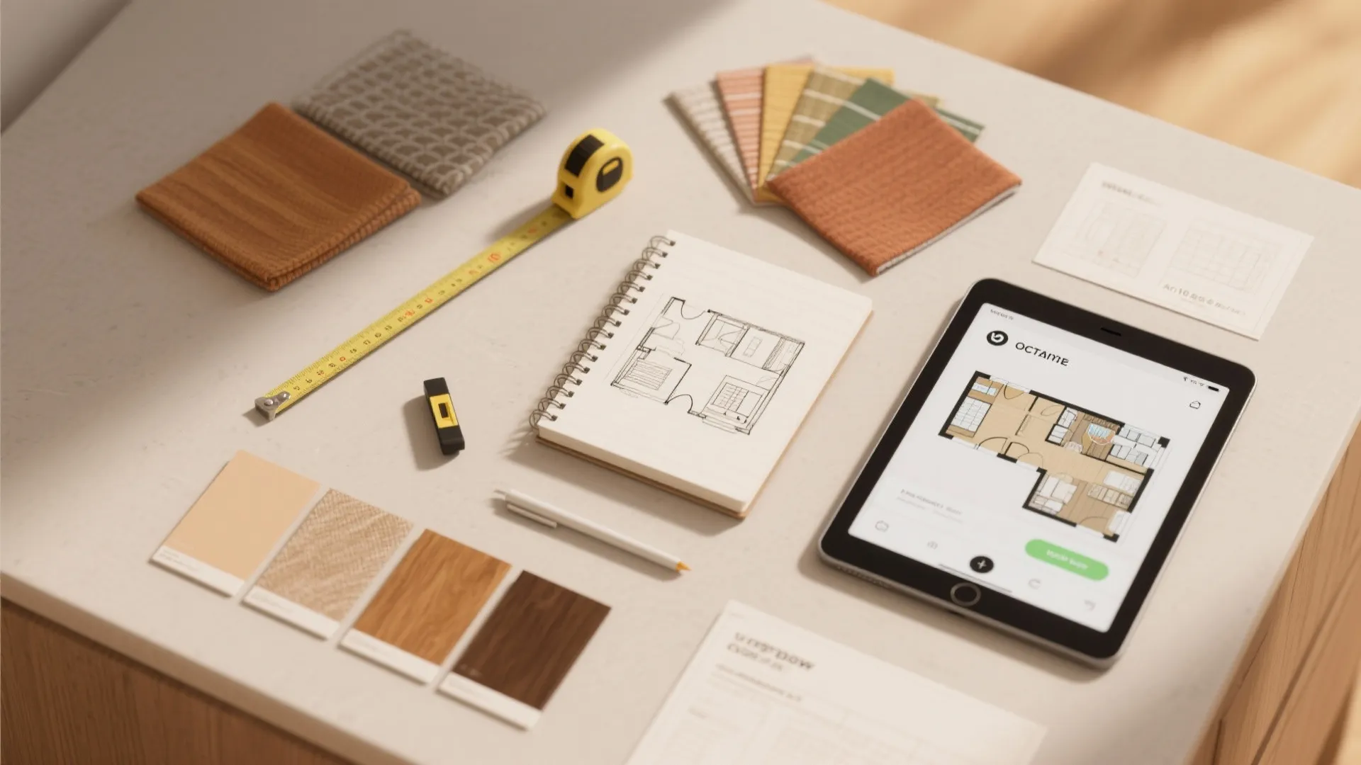 Flatlay of material swatches, tape measure and floor plan sketches for small-space planning