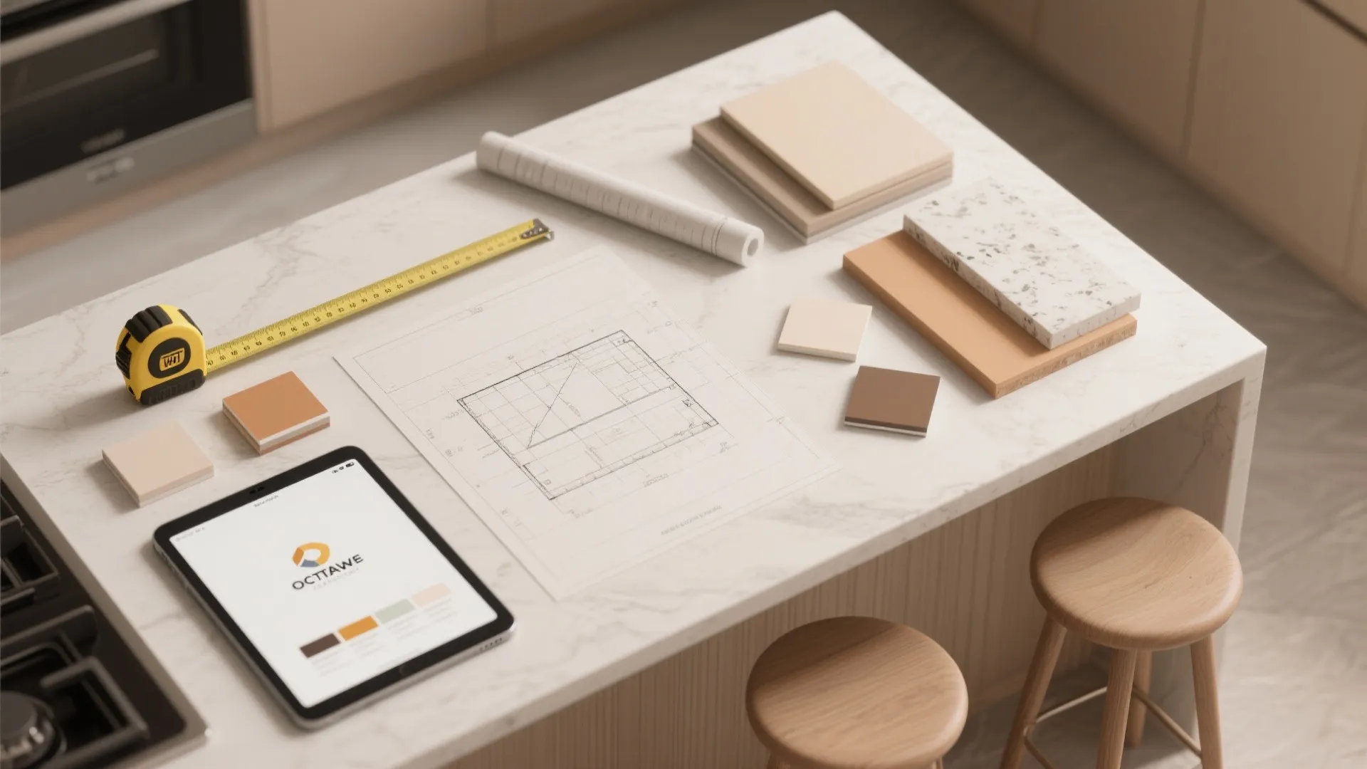 Interior design drawing on marble counter with measuring tape tablet floor plan samples and wooden stools