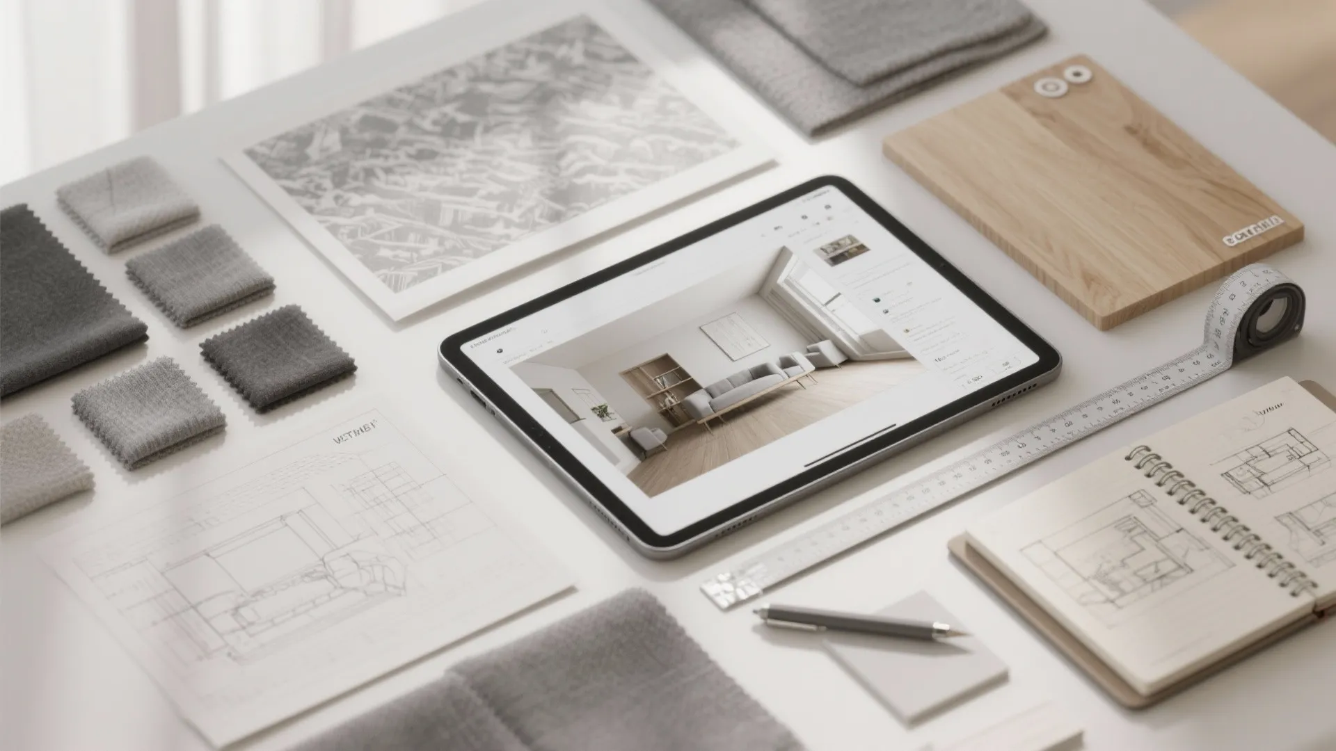 Flatlay of grey fabric swatches, wallpaper sample, wood sample and tablet showing 3D room planner