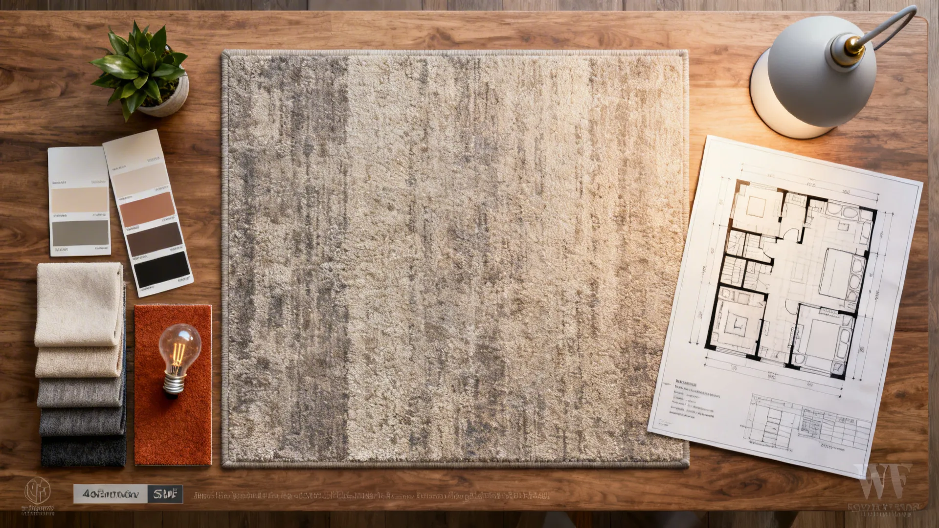 Top-down flatlay of rug swatches, paint chips and a room plan for budget living room updates.