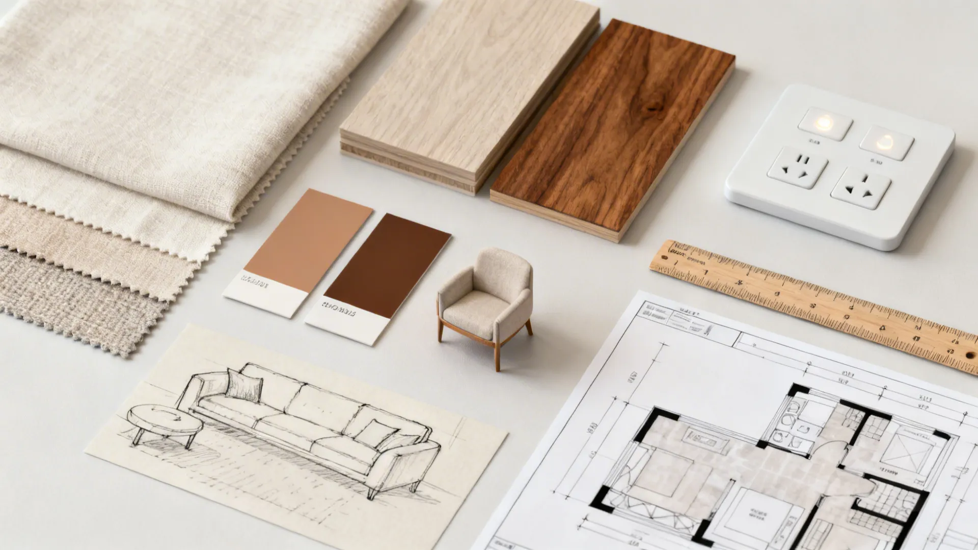 Material flatlay with fabric swatches, color chips and planning tools for a small living room