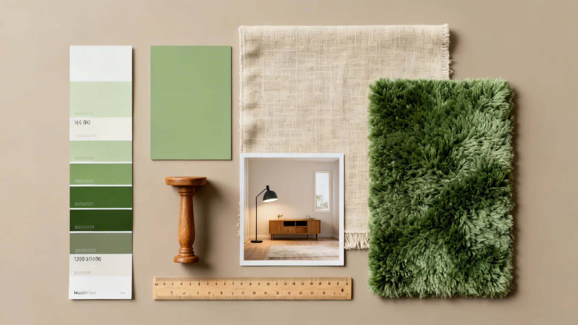 Flatlay of paint swatches, fabric samples, and a scale ruler for small-room design tips.