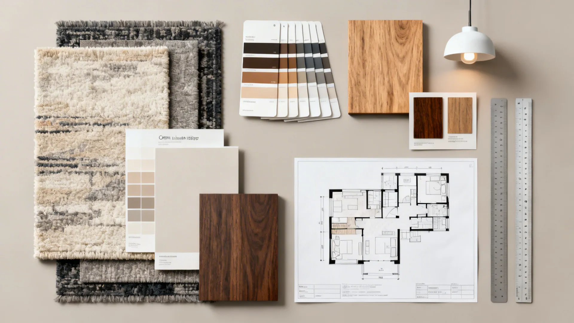 Flatlay of rug swatches, paint chips, wood samples and a floor plan for open-plan design decisions.