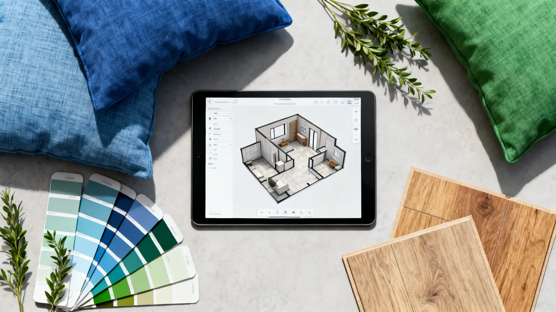 Flatlay of a tablet with a 3D floor plan, paint chips and blue-green fabric samples