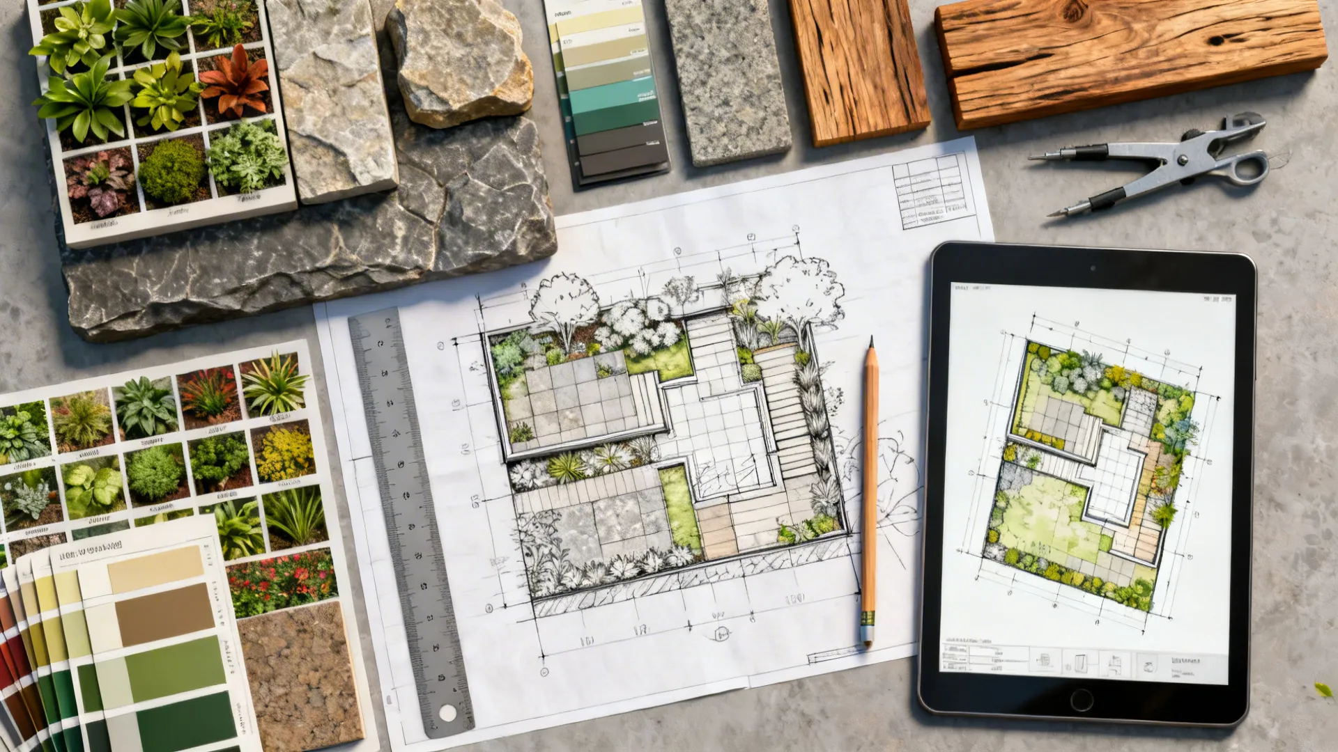 Flatlay of landscape material samples, plant swatches and a sketch layout for terrace planning.