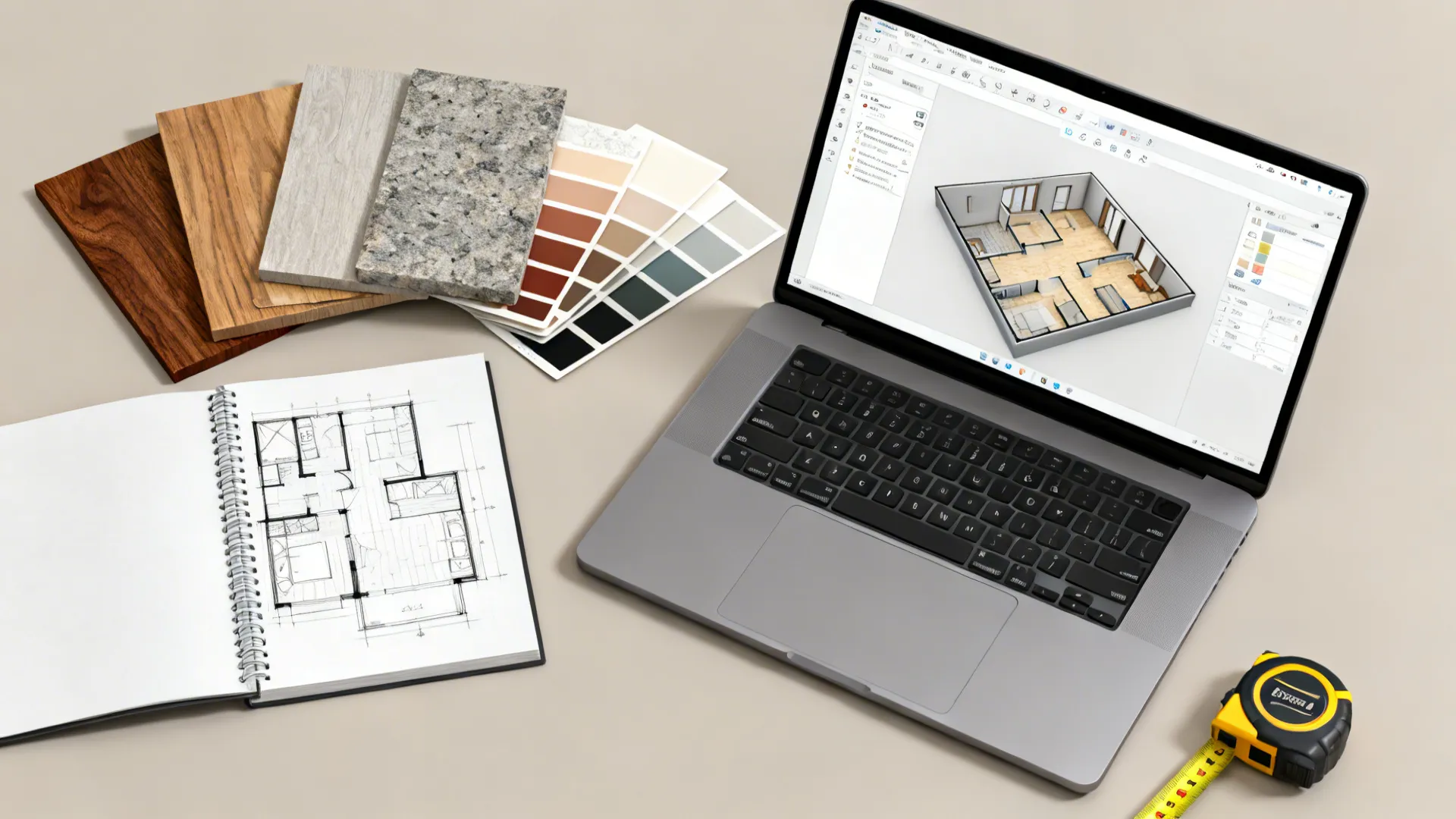 Top-down flatlay of design mockup tools including a laptop with a 3D planner and material swatches.