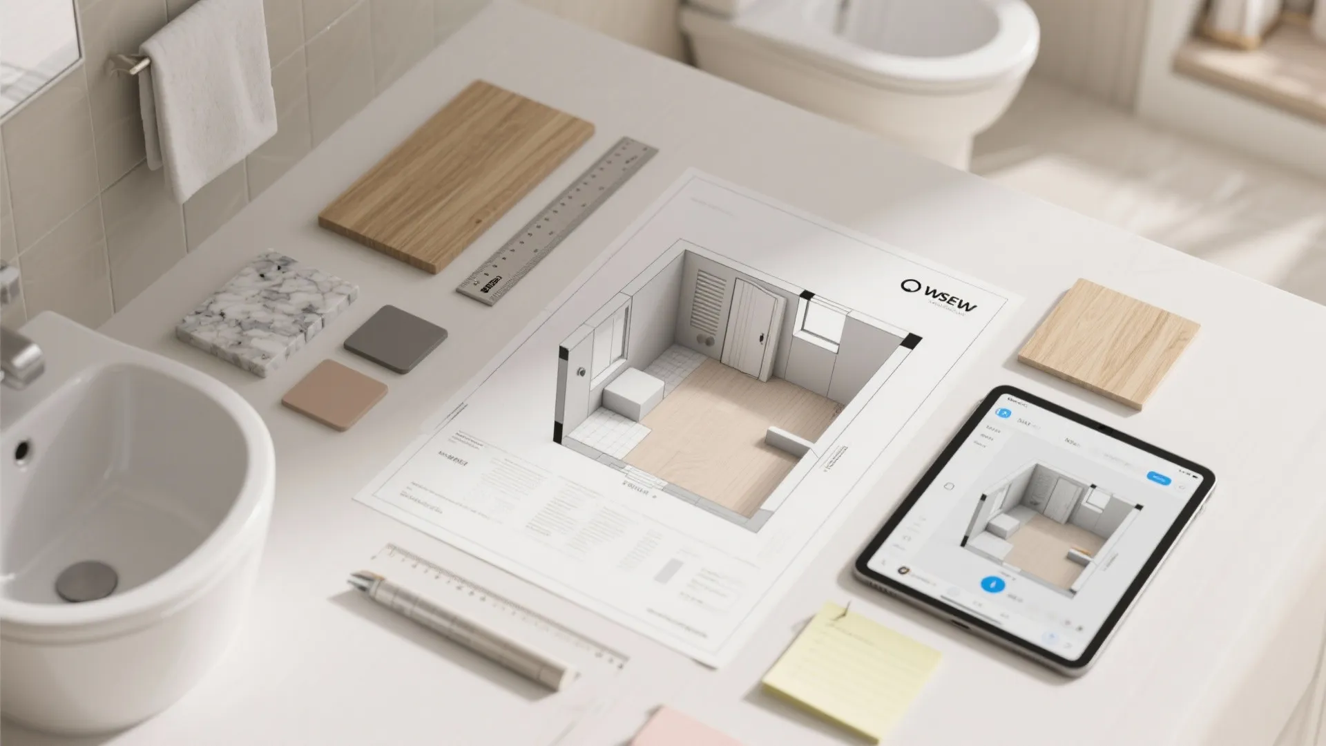 Interior design drawing on a white desk with material samples a tablet and drawing tools