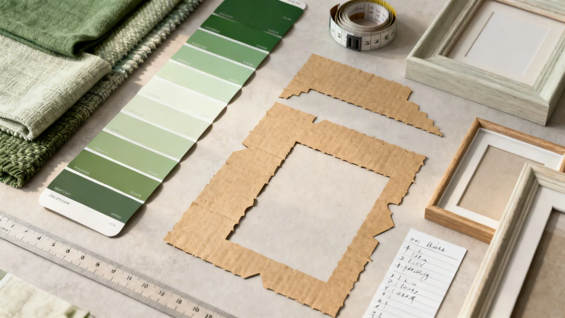Flatlay of measuring tools, kraft paper mockups and swatches for planning wall art scale