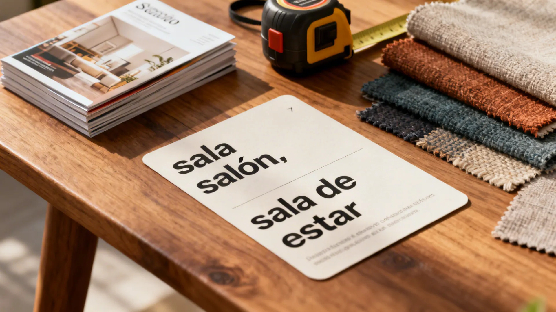 Design reference materials and a Spanish glossary card listing living-room terms.