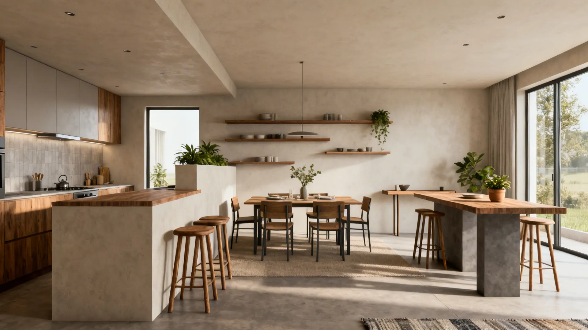 Modern open kitchen and dining area with wooden furniture island bar stools and large windows