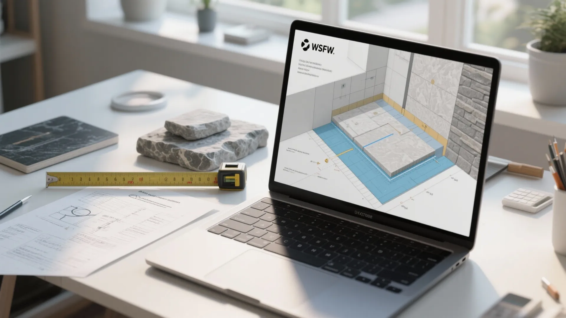 Laptop on a desk showing a 3D interior design drawing of a bathroom floor layout