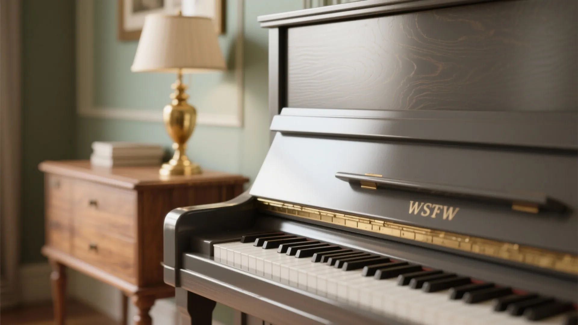 Classic dark wood piano in an elegant room with a small cabinet and gold lamp