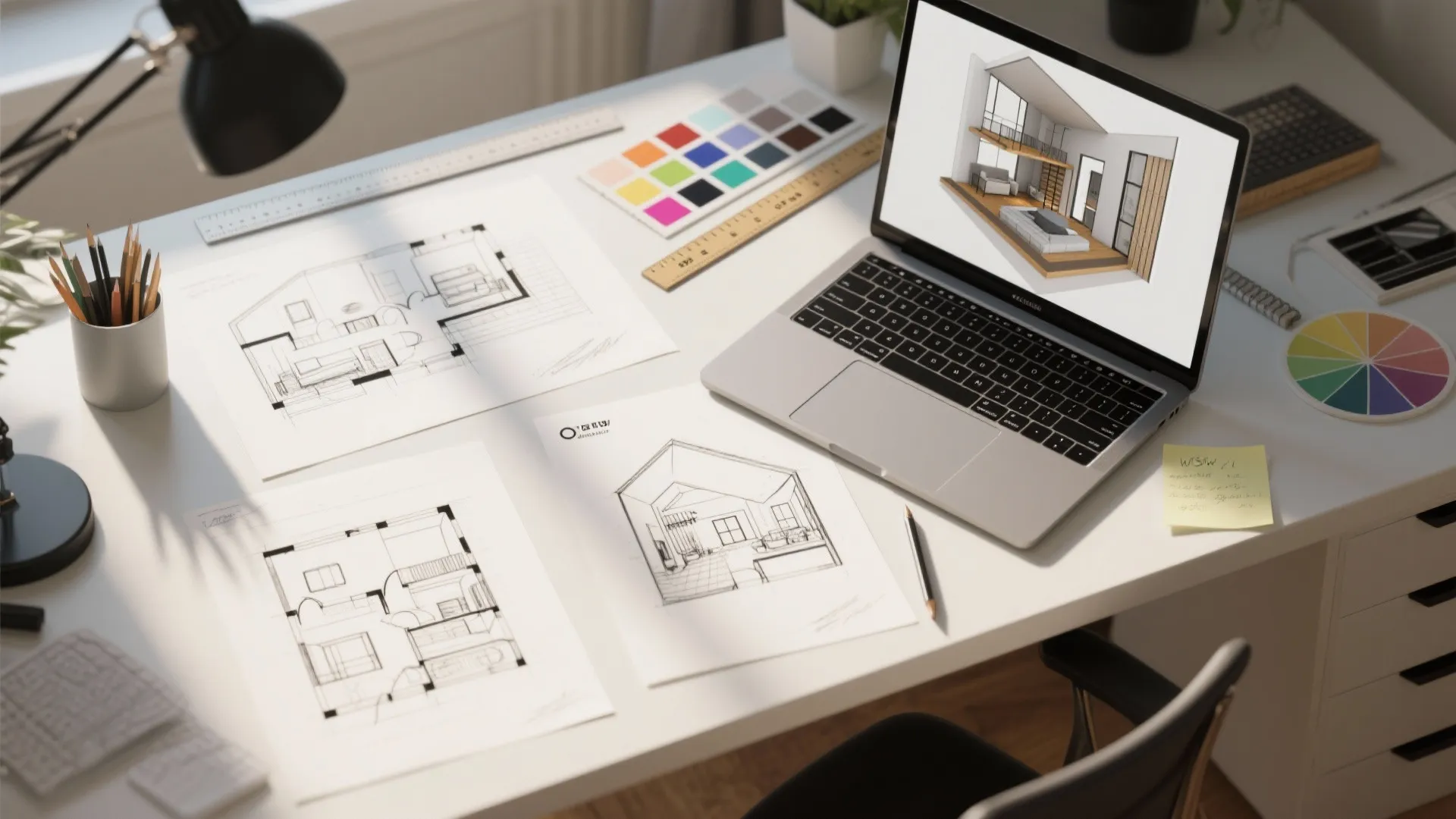Top-down designer desk with sketched floor plans, 3D mockup on laptop and material swatches