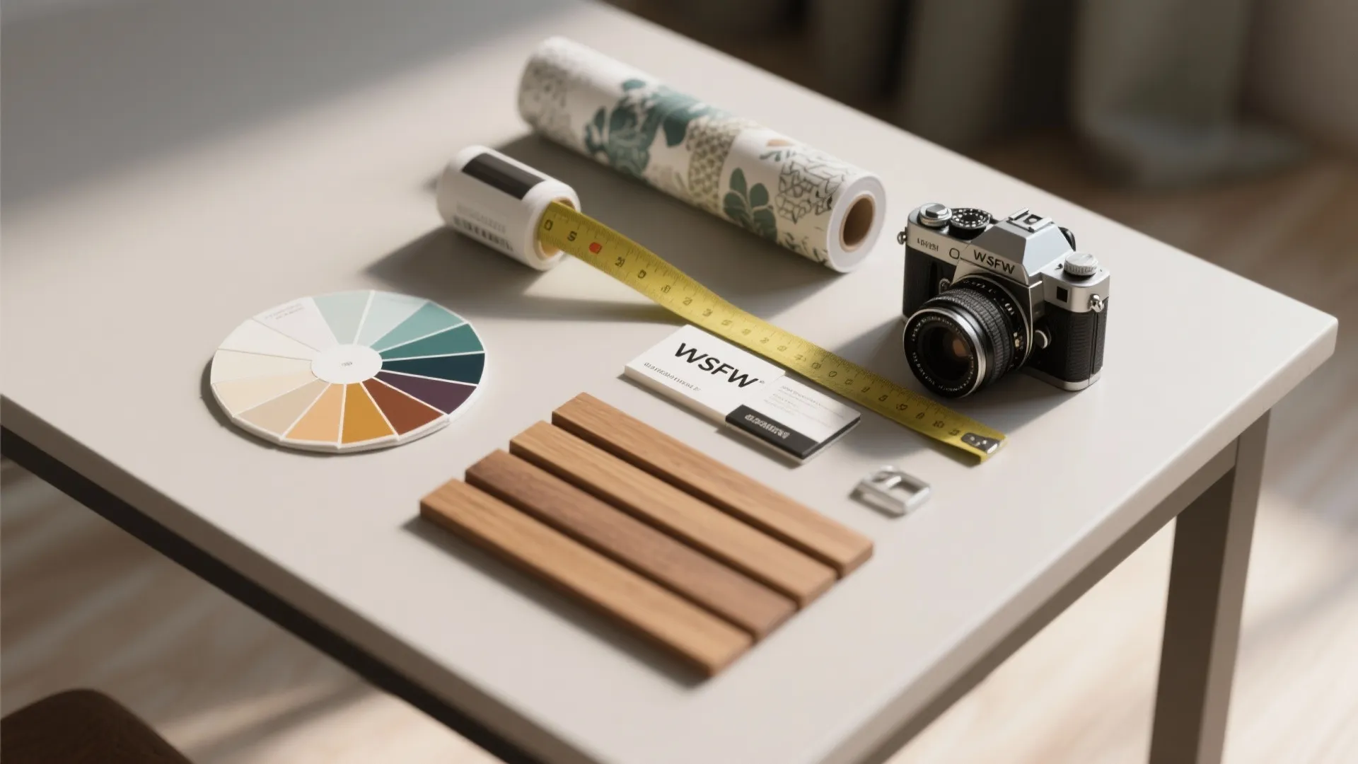 Interior design tools including color palette, wood samples, tape measure, camera, and wallpaper on table