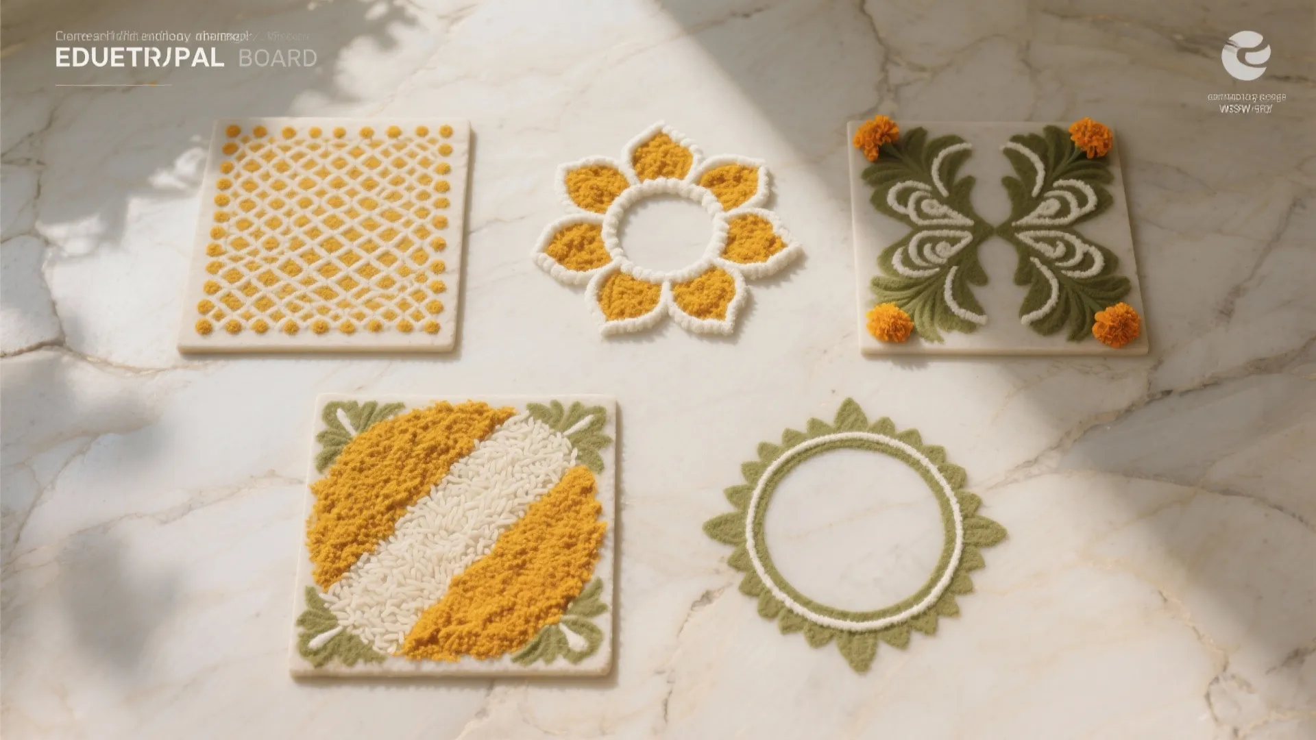 Top-down board with five mini rangoli examples showing different minimal techniques without labels.