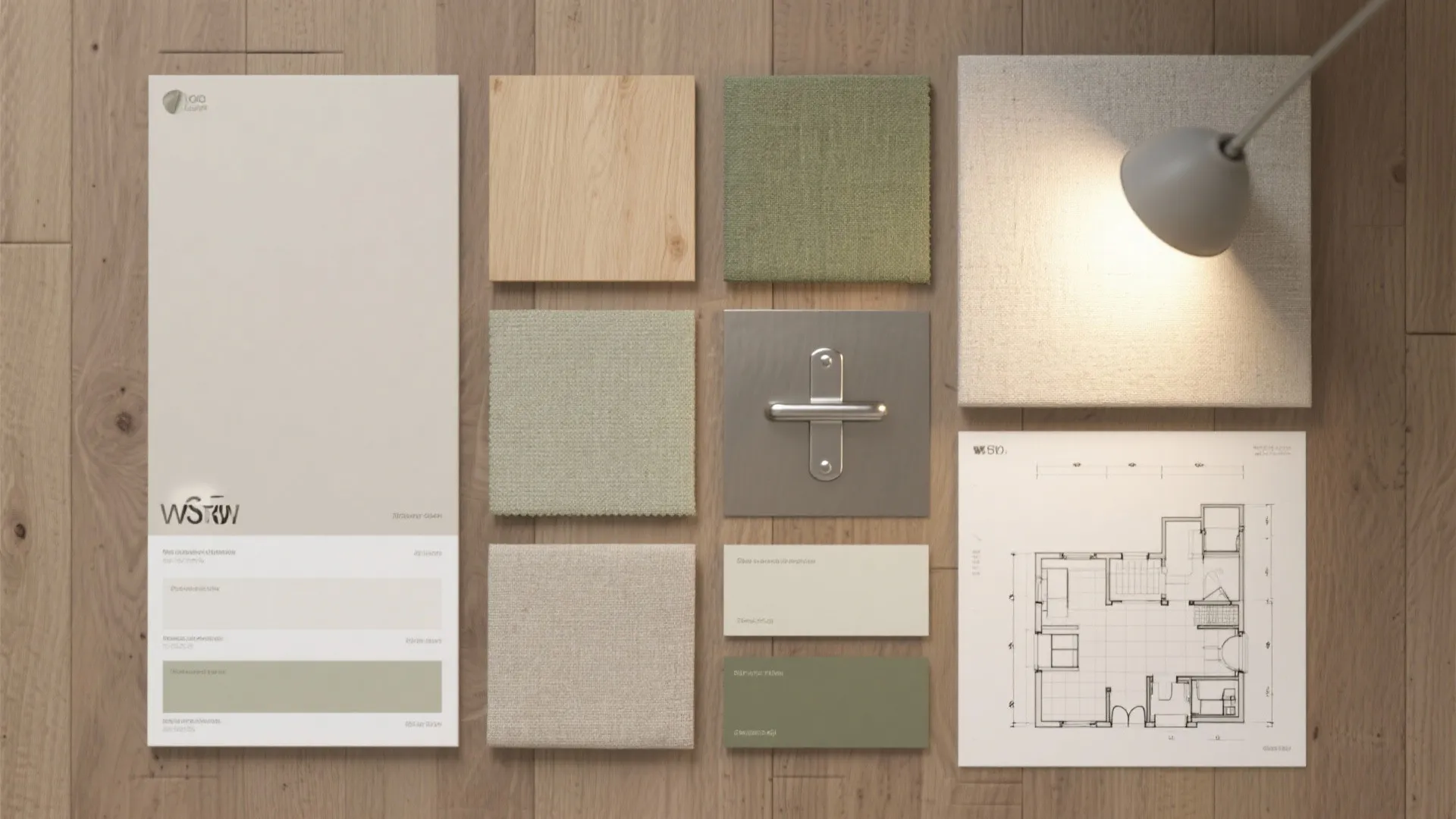 Material and color palette flatlay featuring wood, neutral paint swatches, muted green textile and hardware samples.