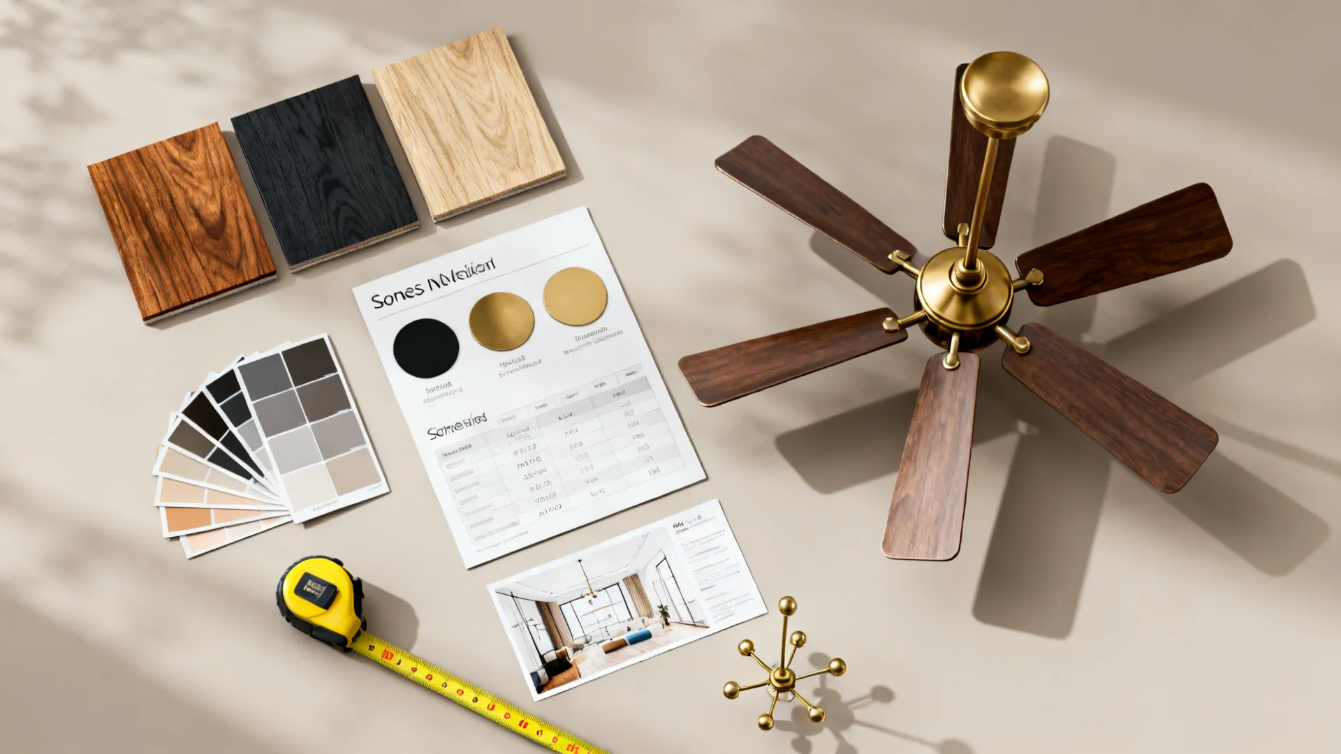 Flatlay of wood and metal swatches, measuring tape and room planner for selecting chandelier fans.
