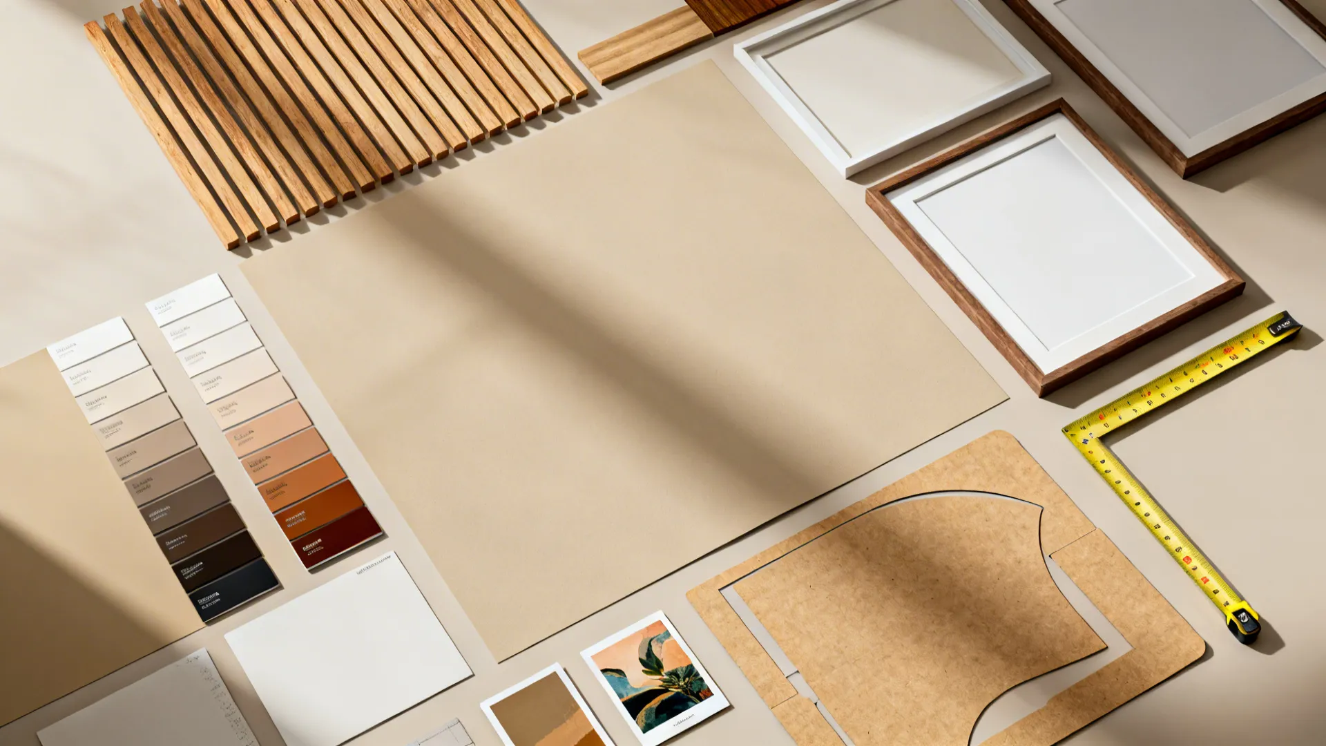 Top-down flatlay of paint swatches, wood samples, frame mockups and kraft templates for planning a wall design.