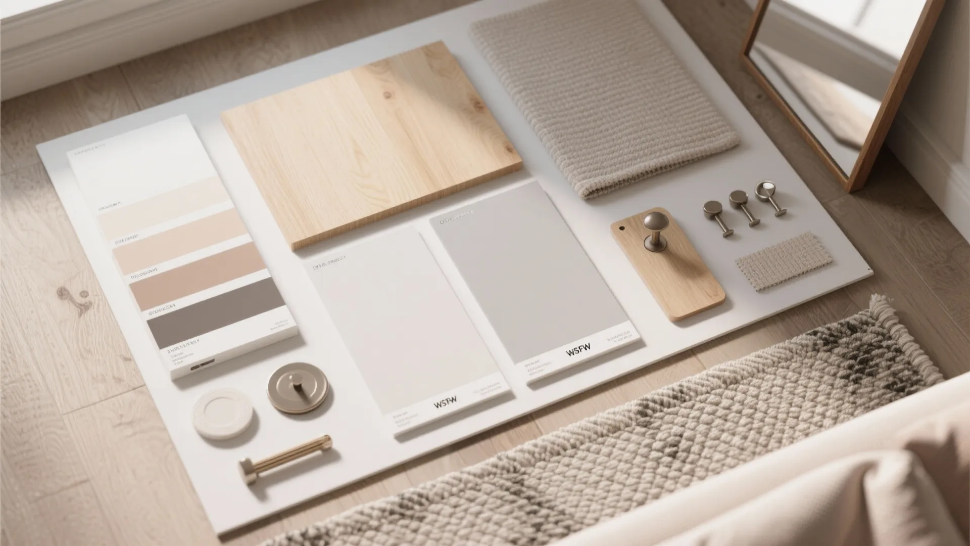 Flatlay of paint swatches, wood samples, fabrics and a small mirror for small-apartment design choices.