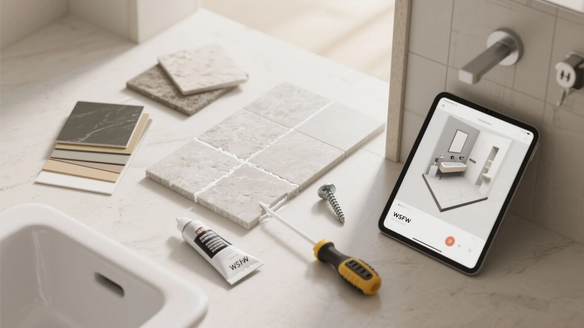 Interior design materials on a table with tile samples screwdriver glue and a tablet showing rendering