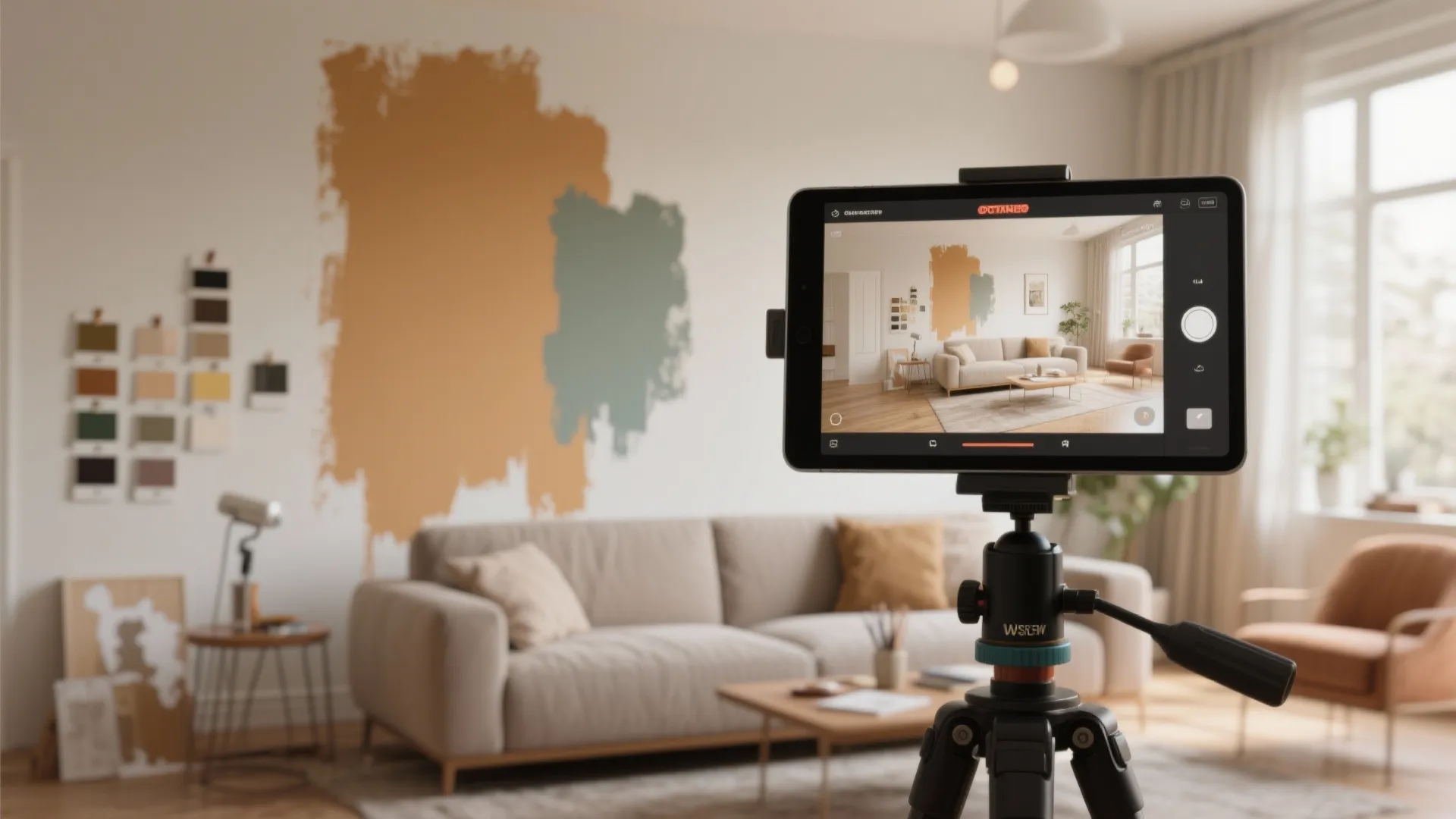 Living room scene with a tablet showing a 3D color mockup and a wall prepped for spraying.