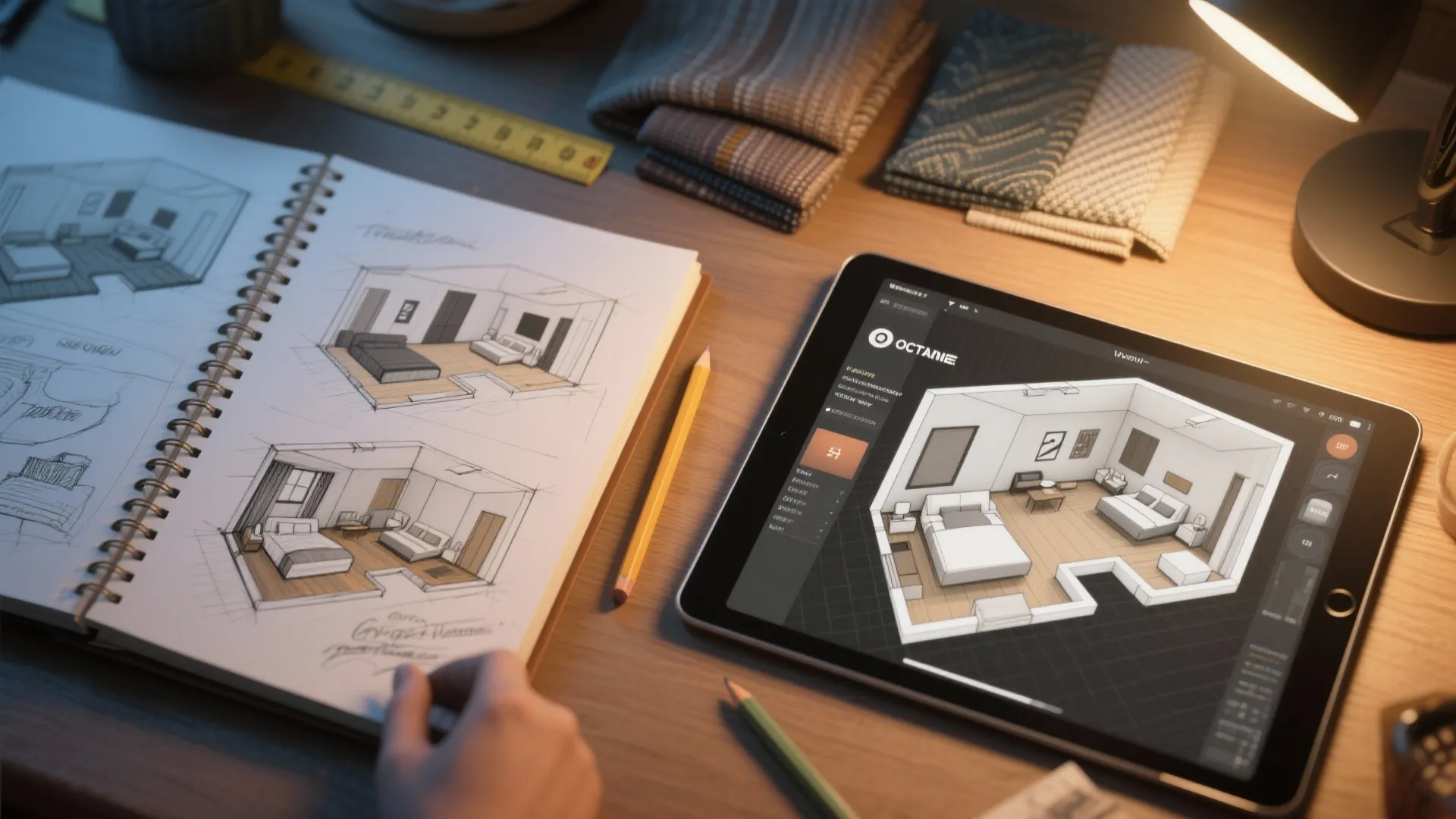 Sketchbook and tablet with 3D floorplan mockups and fabric samples for a 2-bedroom suite