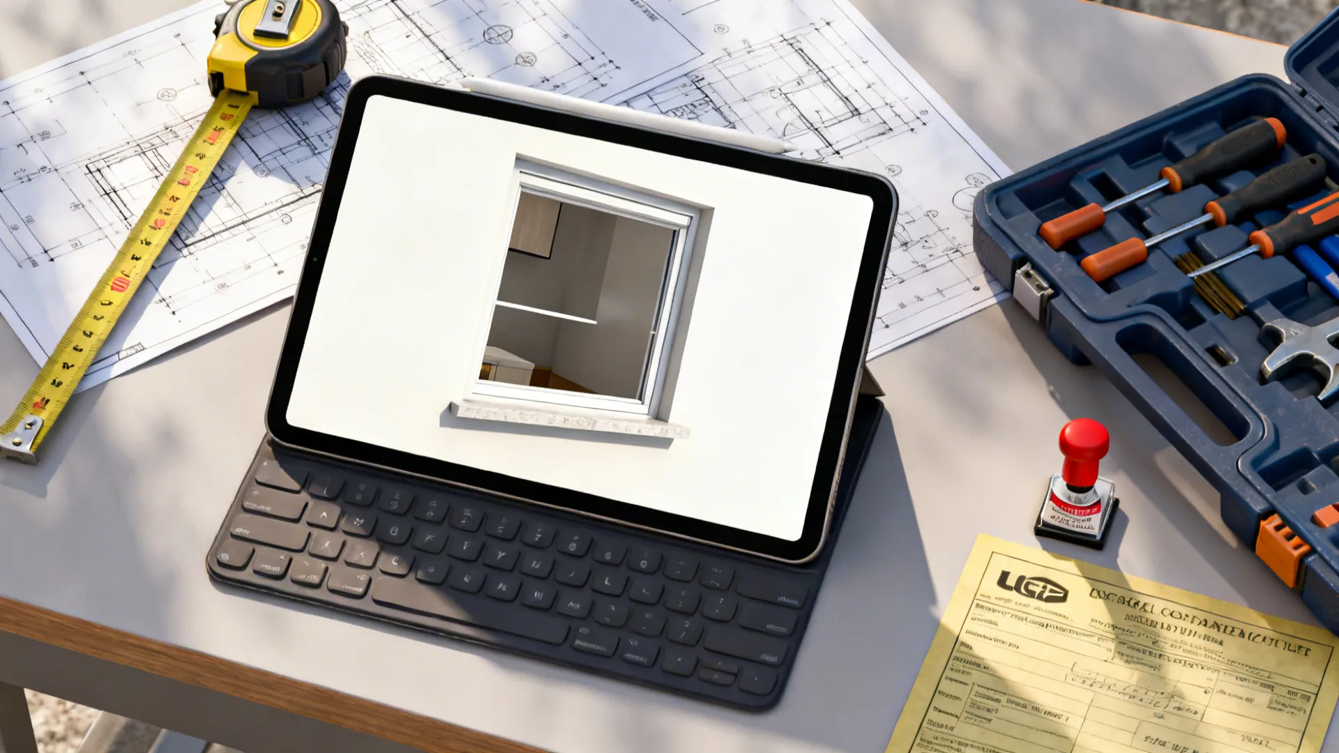 Top-down view of a 3D mockup on a tablet, sketches, and tools illustrating planning and permit considerations.