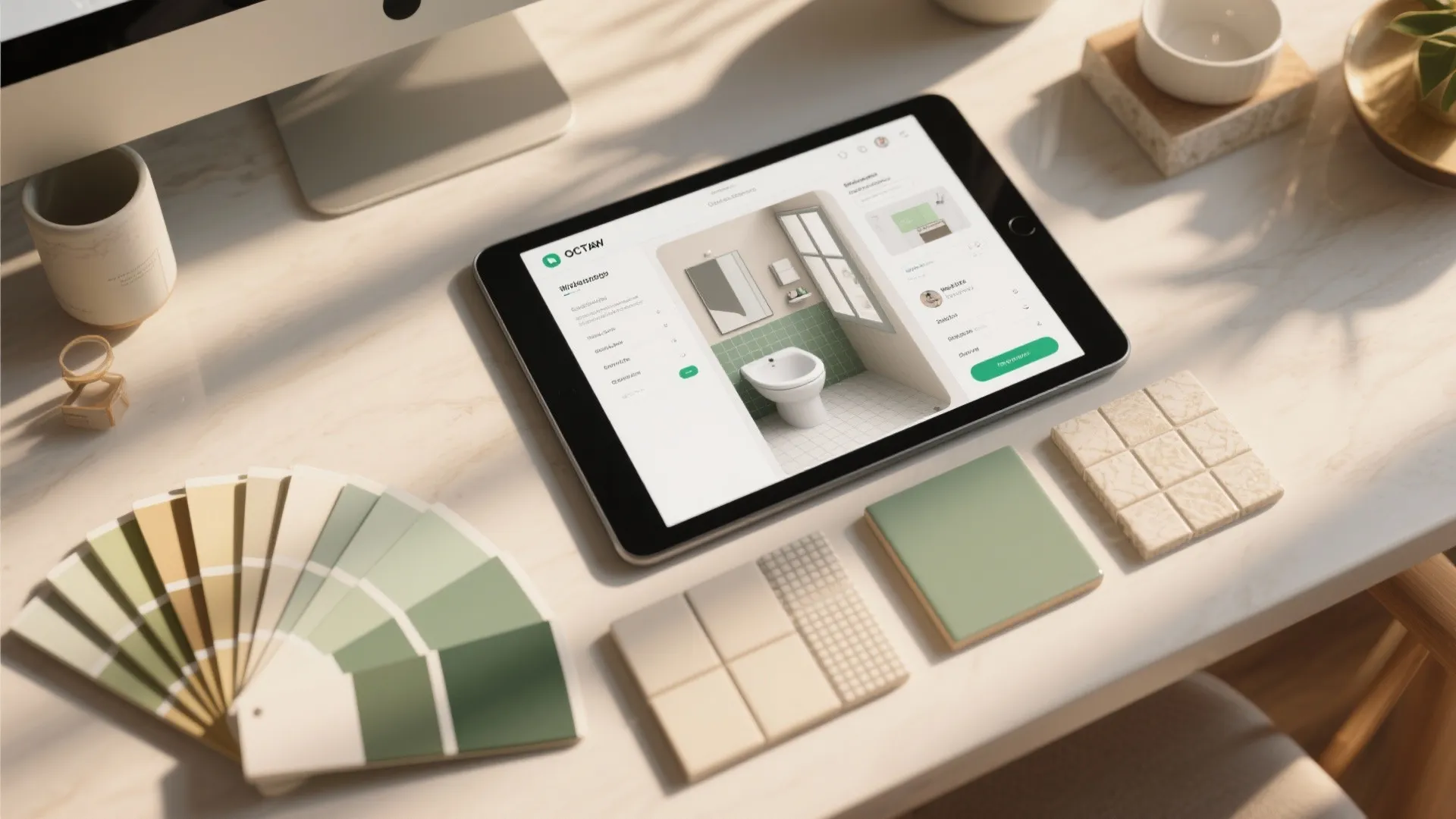 Tablet displaying bathroom design software next to color swatches and wall tiles on marble desk