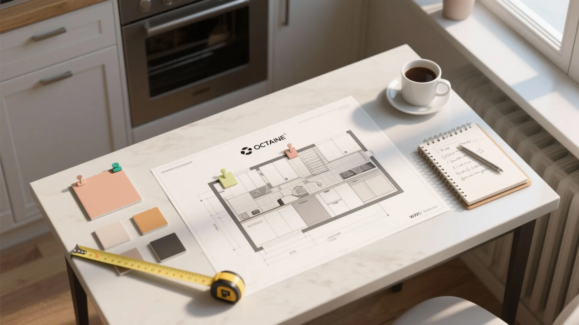 Top-down view of a kitchen mockup layout with tile samples, measuring tape, and notes for planning