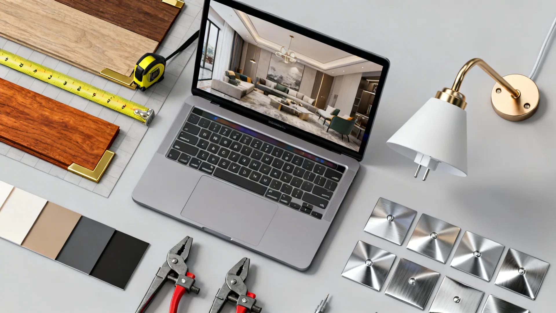 Top-down designer workspace with 3D room mockup, measuring tools, and material swatches for silver accents.