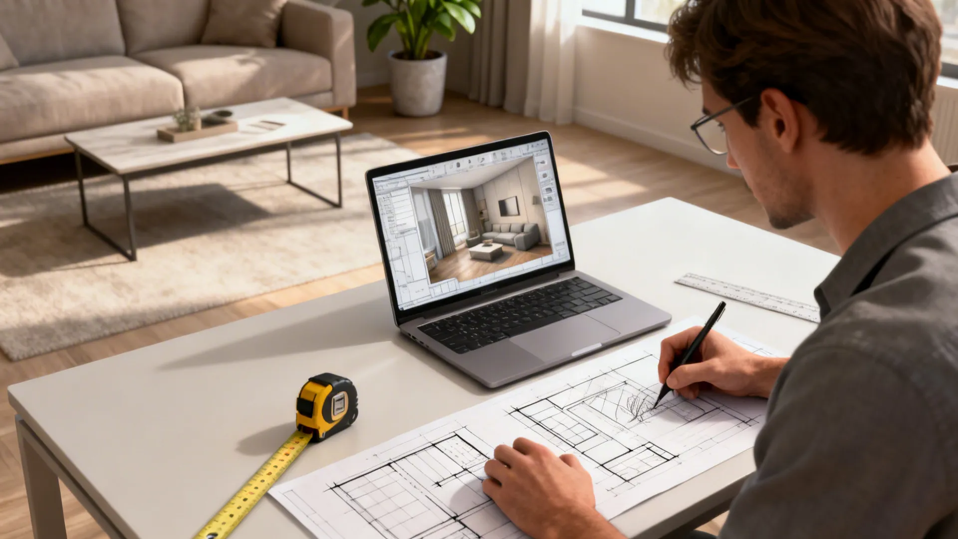 Top-down mockup of a designer using a 3D room planner and sketching wall elevations for scale testing.