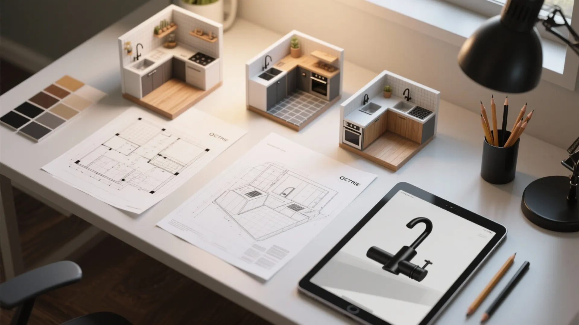 White desk with miniature kitchen models floor plan drawings tablet showing a faucet and lamp