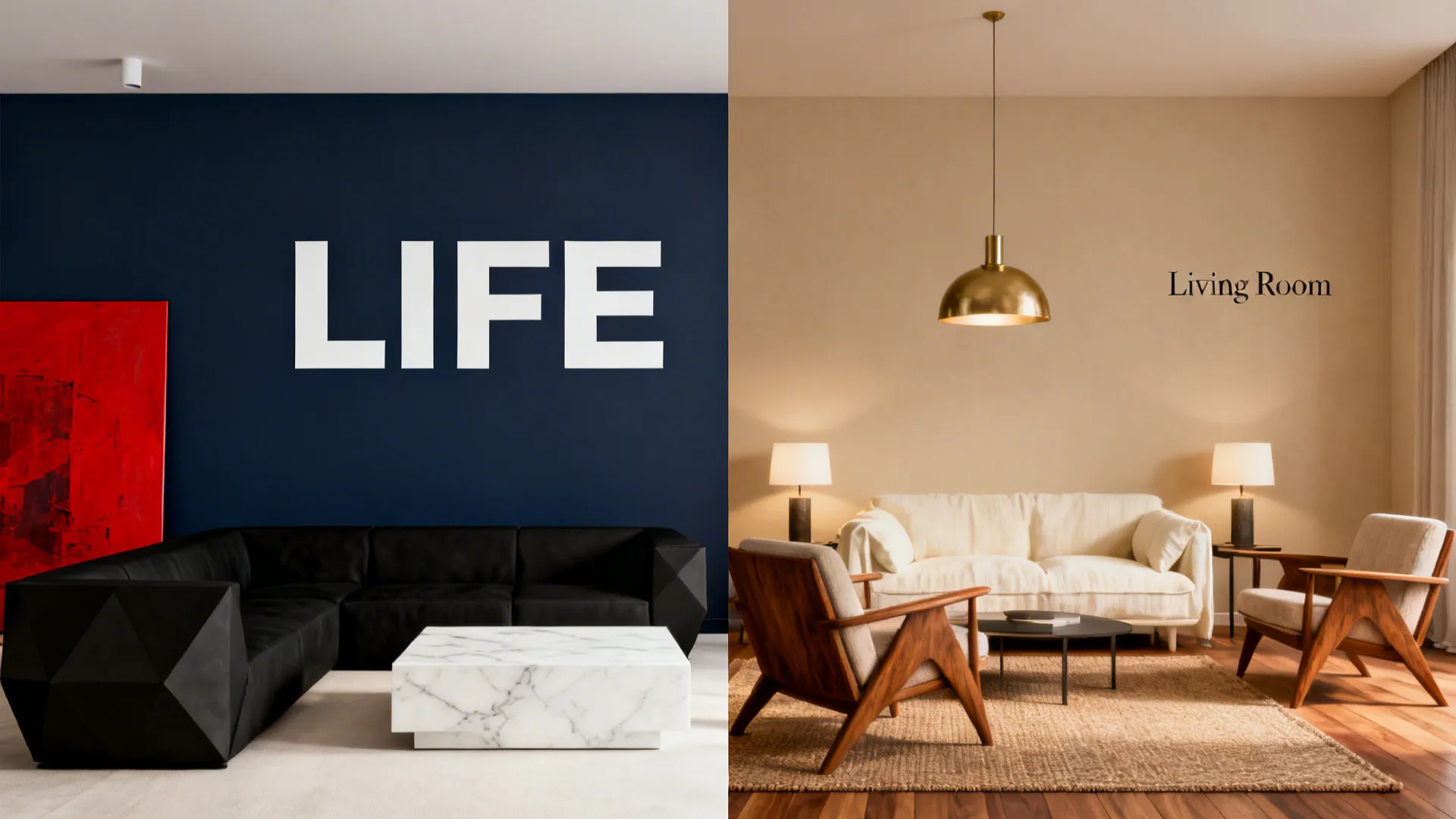 Split image showing bold single-word branding living room versus neutral two-word labeled living room with mid-century style