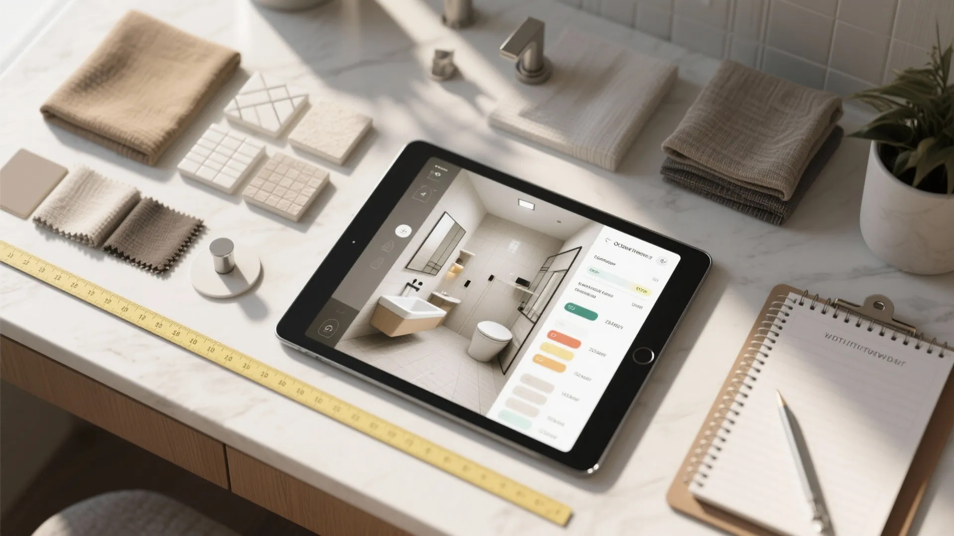 Interior design mood board with tablet showing bathroom rendering plus fabric samples and building materials