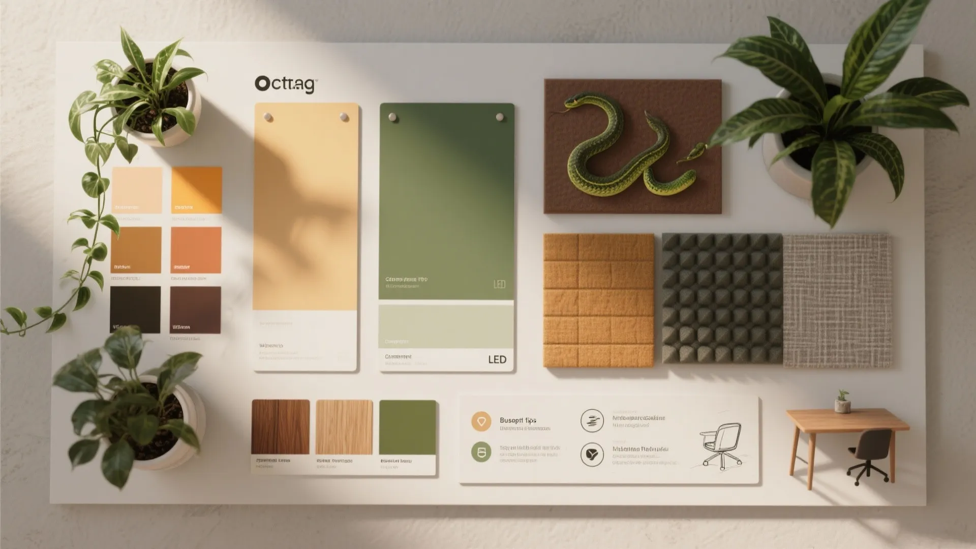 Top-down moodboard flatlay with paint swatches, LED samples, plant cuttings and fabric samples for small office design.