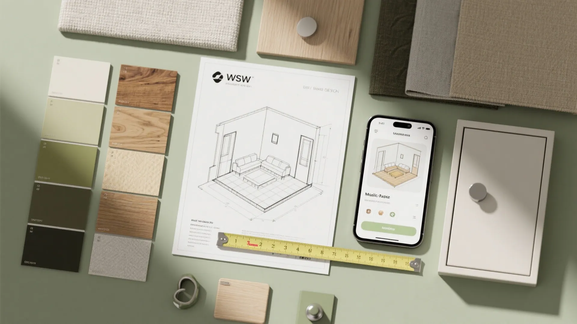 Interior design moodboard with color swatches floor plan drawing smartphone tape measure and material samples
