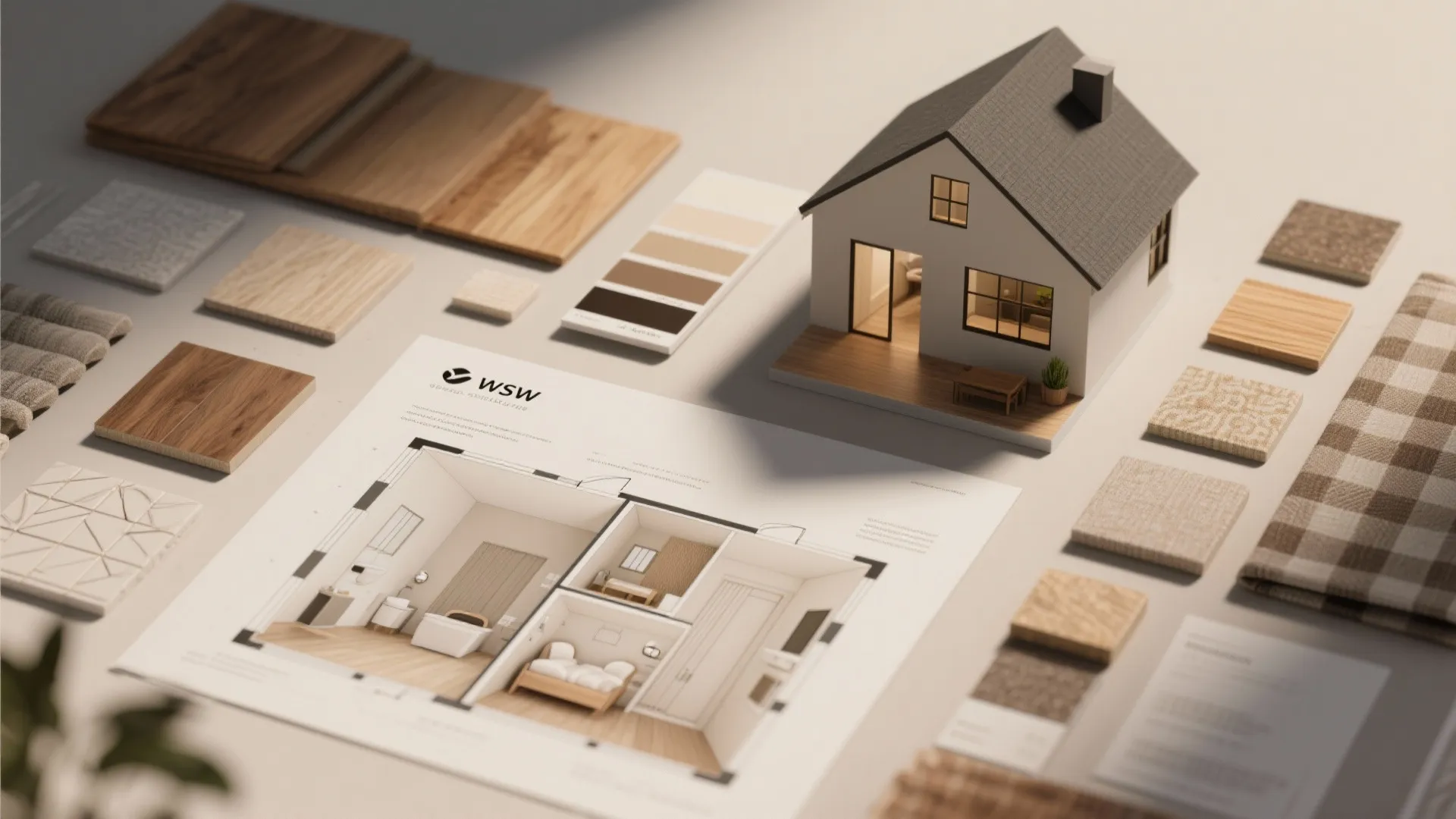 Interior design moodboard with house model floor plan wood samples fabric swatches and color palette