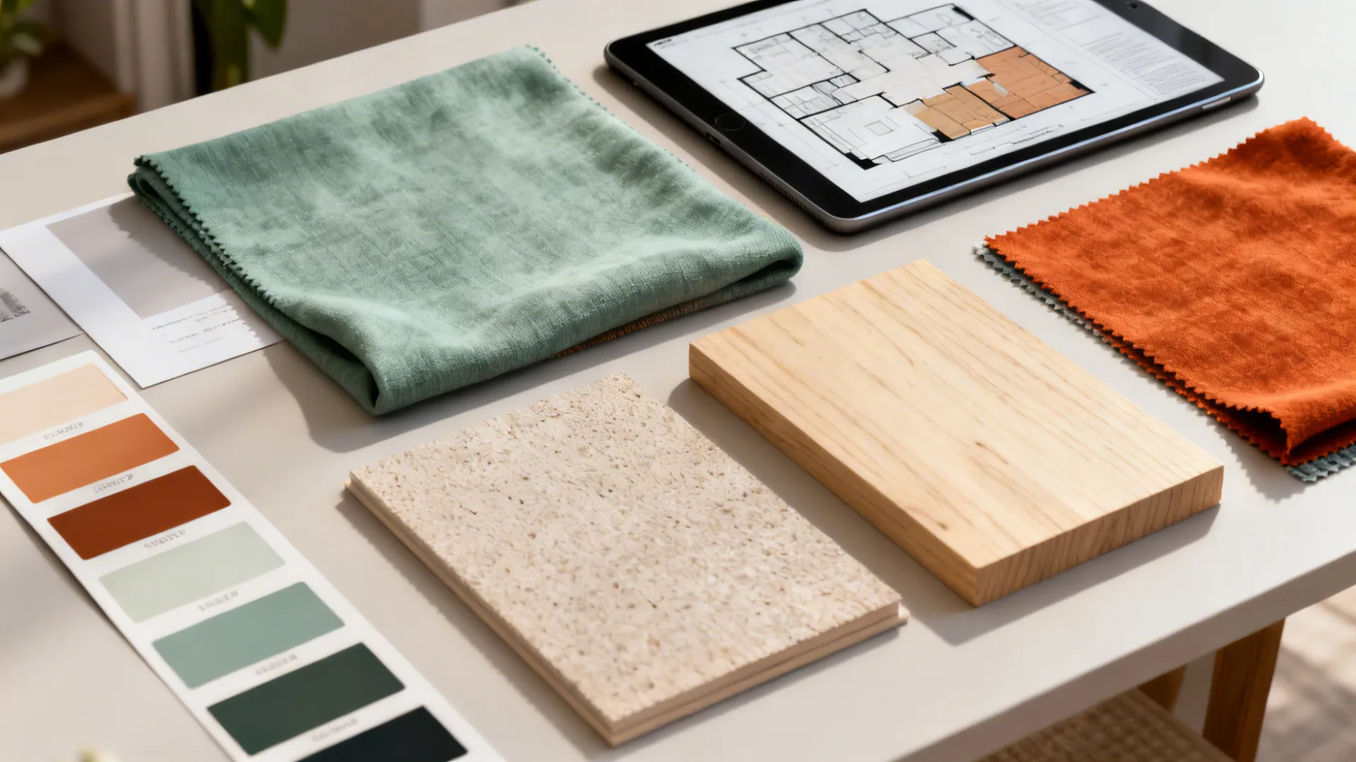 Moodboard with sage and burnt orange swatches, wood samples and a tablet showing a floor plan.