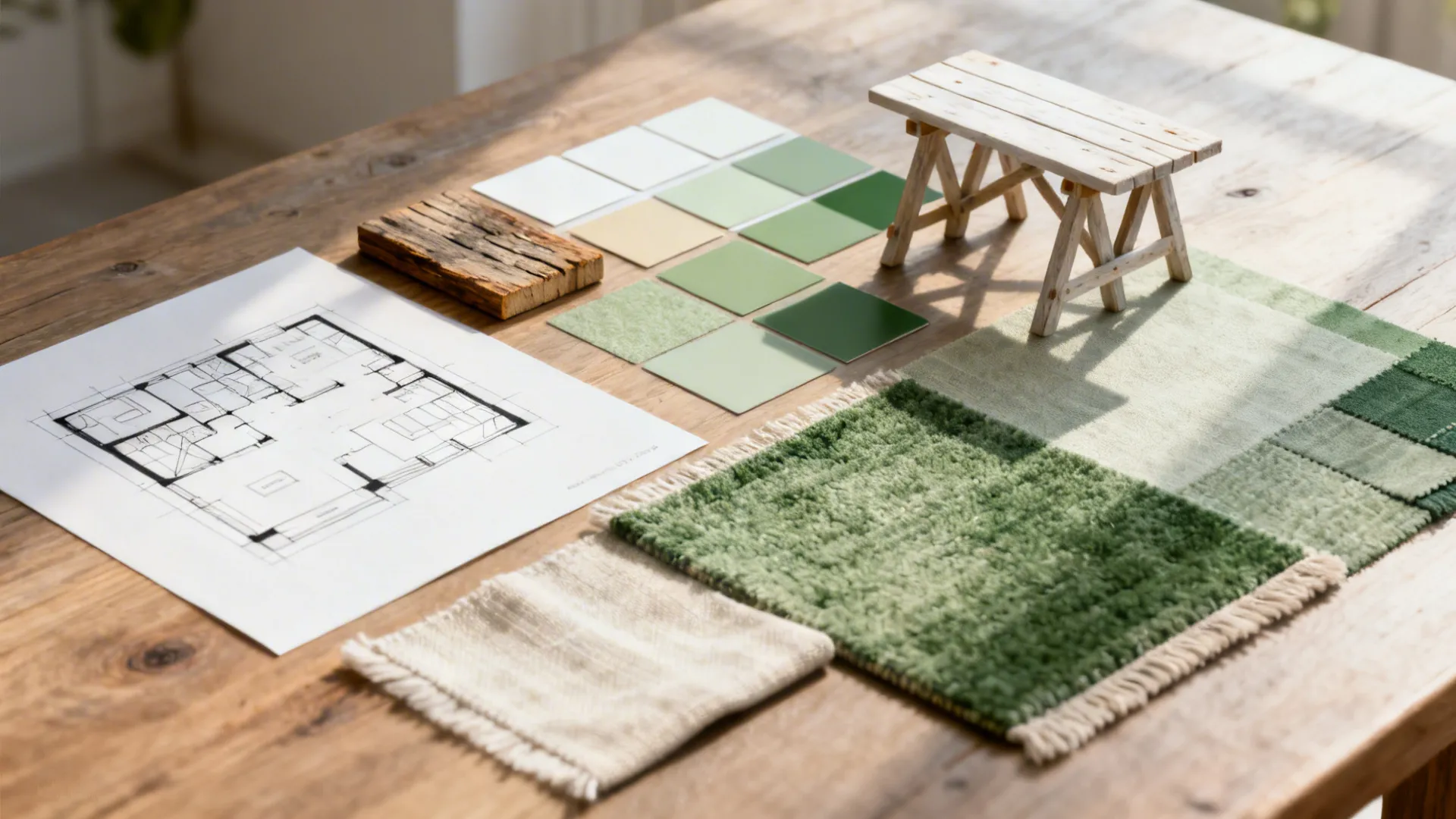 Top-down moodboard with layout sketch, color swatches and material samples for farmhouse dining design.