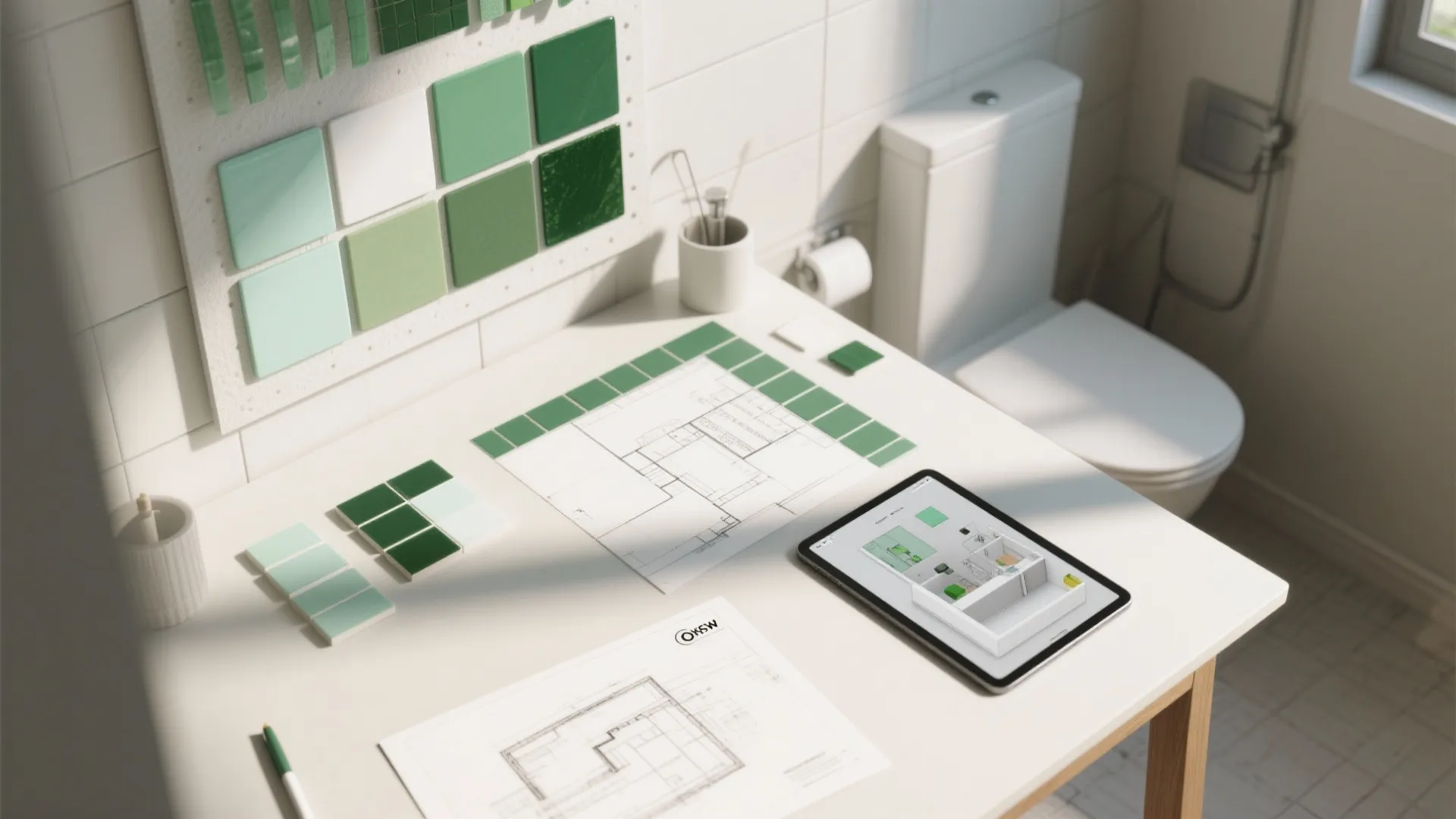 Top-down moodboard with green and white tile swatches, paint chips and a tablet 3D mockup